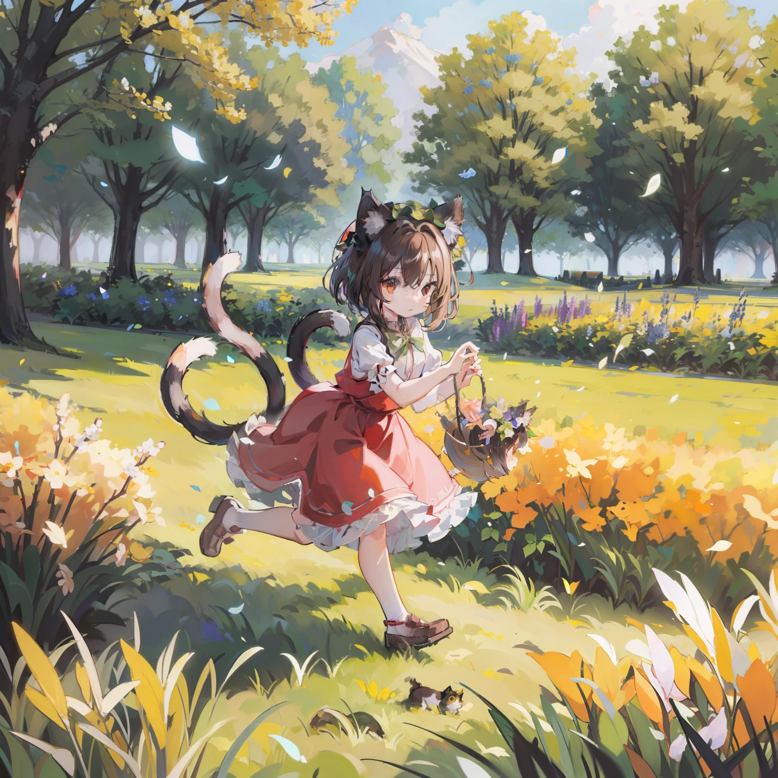 Illustration of Chen running around, masutepiece, Fine details, 4K, 8K, 12K, Solo, One Person, Beautiful Girl, caucasian female, old, Cat ears, tail,Brown hair、 Gensokyo, grass field, spring, flowercrown