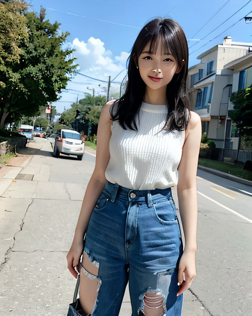 Woman Standing On Street Corner、top-quality、 1 a person、middlebreasts、tag、blur backgroun、Slender Line、bokeh dof、outside of house、(Street:0.8)、(a person々、Large crowds:1)、Wearing a large sleeveless knit、denim pant、lowrise、a gorgeous(long hair up to the waist:1.4、Floating hair、Forehead:0.8)、Beautiful sky with details、耳Nipple Ring、(dynamicposes:1.2)、 (full body Esbian:1.2)、Soft lighting、the wind、glowy skin、Happy face、Sauce order、A gaze that looks at the viewer、A dark-haired、Glossy hair、sandal、A smile、