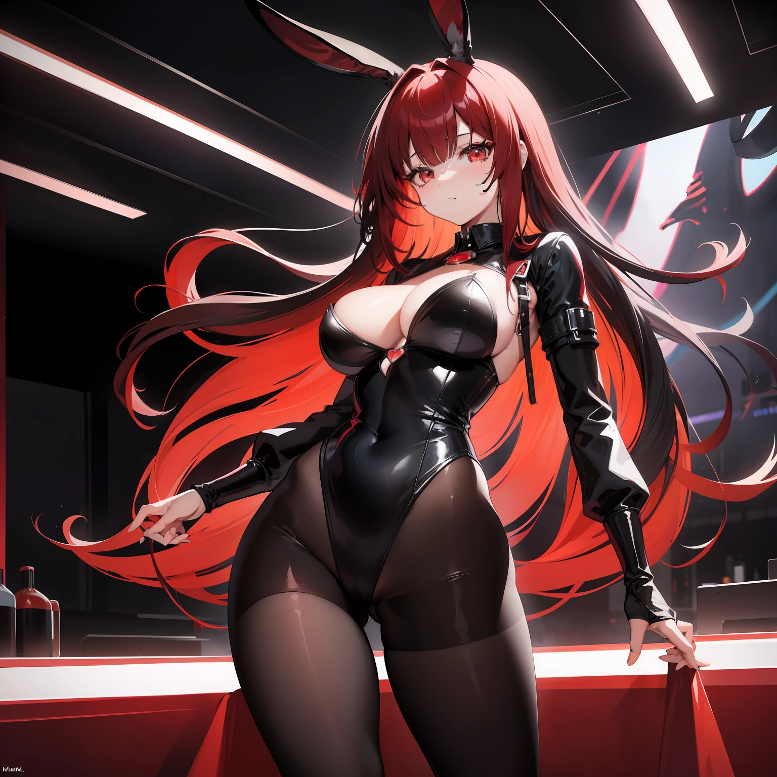 1 Girl, big red hair, black hair tips, bangs, eye hair, sexy anime rabbit outfit with pantyhose, thin waist, big chest, thick legs, big thigh, standing, background scenery, in a nightclub, colored lights, ambient details, ultra-detailed