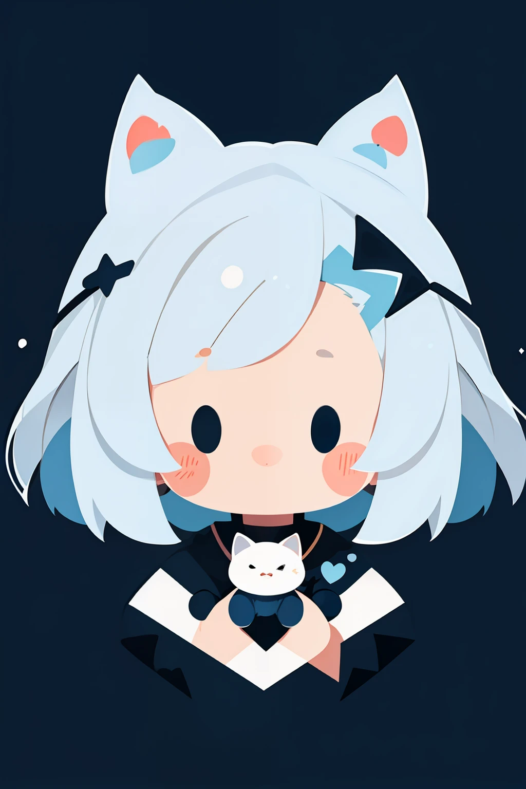 A cute little girl holding a cat, white hair,  face close - up, looking at the viewer, upper body of the character, flat illustration, geometric shapes, minimalism, by Aka Outwork style, blue background --ar 3:4 --style expressive