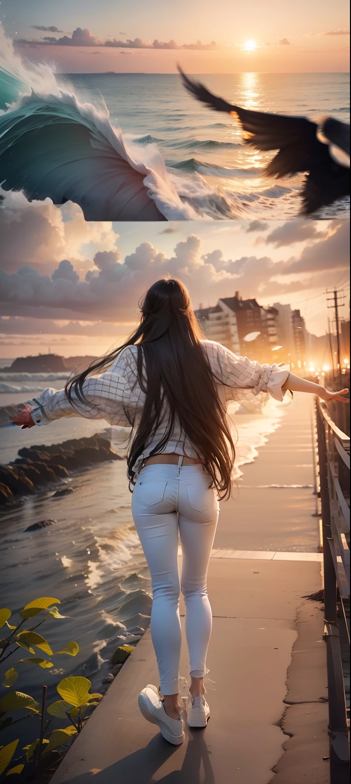 Sea view, natural background, spreading hands, hands like wings, long hair, black checks on white shirt, fashionable, trendy, jeans, white shoe