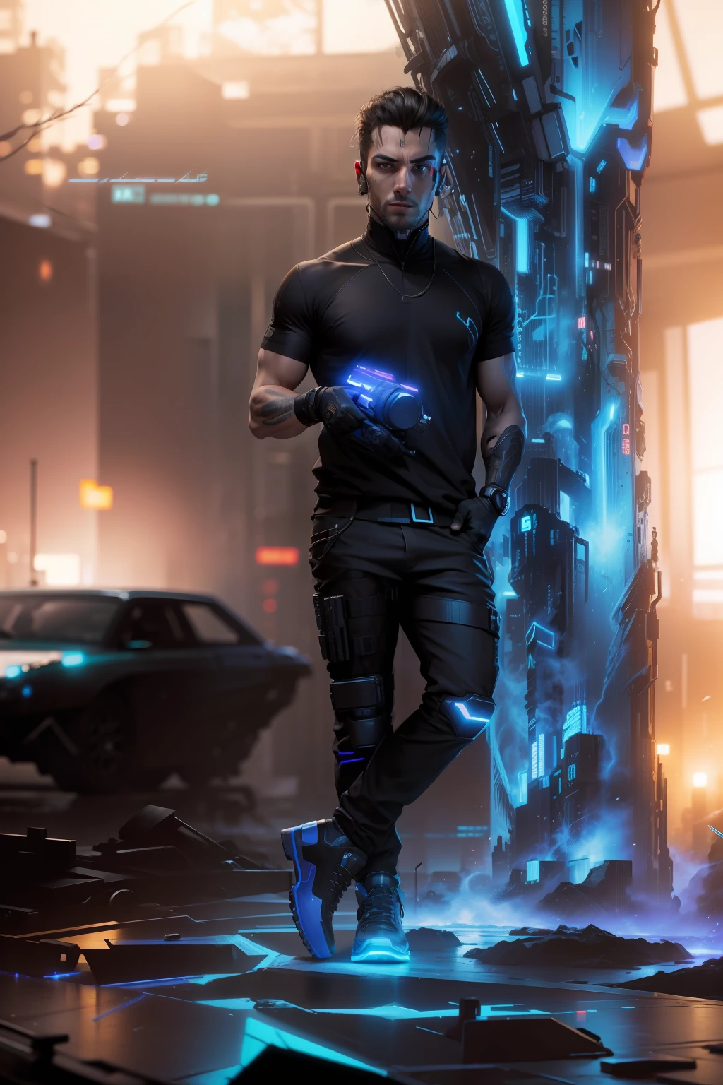 Change background cyberpunk, handsome man with  Machine gun, realistic face, 8k,ultra realistic