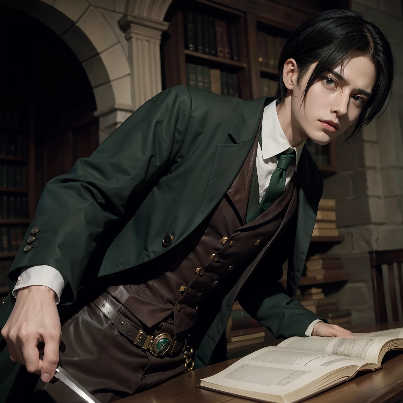 Levi Ackerman as a man from Attack On Titan wearing the Slytherin uniform from Harry Potter. Black hair, bangs, and undercut.