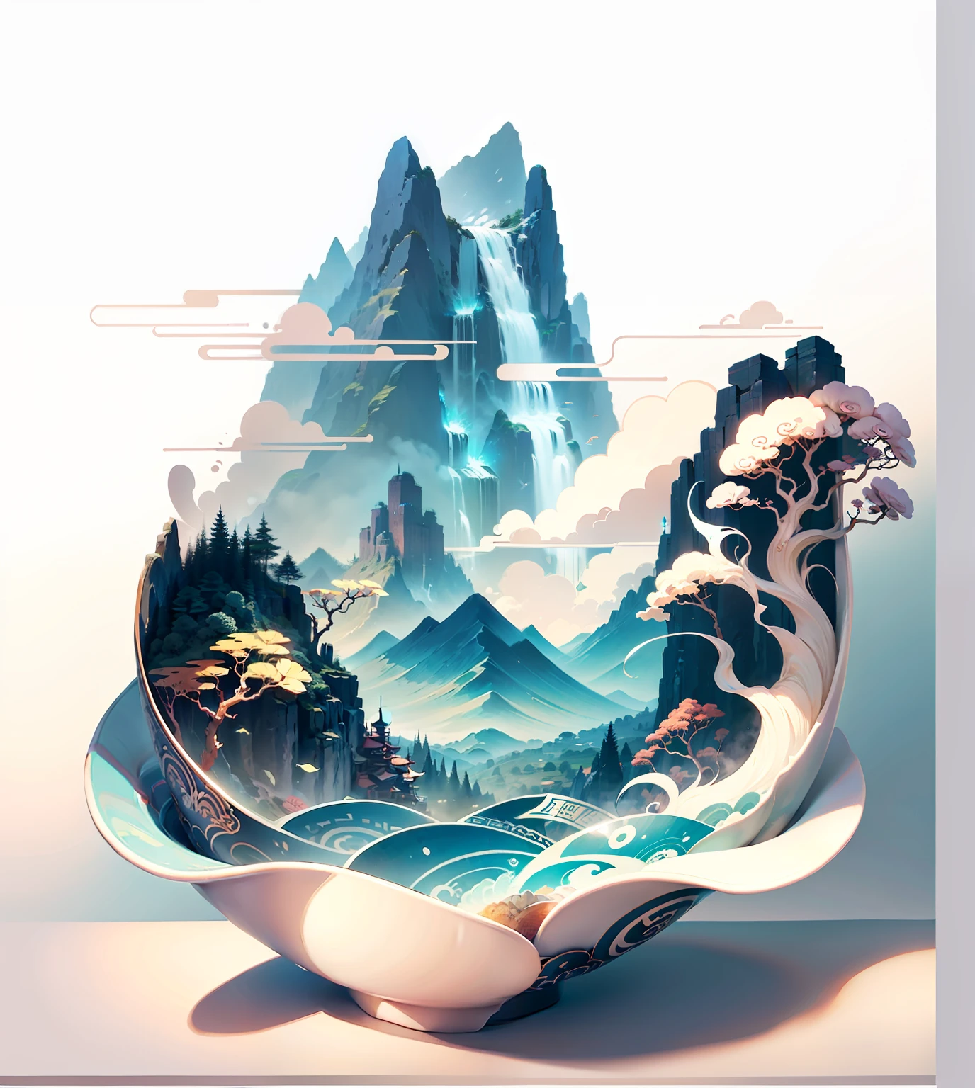 Guochao illustration style,The bowl contains mountains and seas