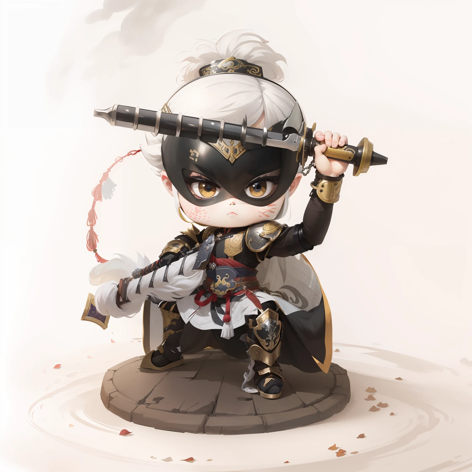 male people,Male characters,tchibi,Bad,Arms,Dual weapons,Ancient Chinese weapons,The handle has a delicate pattern,Shoulder blades,metal breastplate,chainmail,Animal pattern cuirass,chest plate,Bracers,Flowing hem,China-style,Chinese-style clothing,Chinese shoes,There are beautiful patterns on the weapon grips,Refinement,Fine painting,Refinement,infinite details,high definition detail,Patterned,Pattern,Blank background,Bright colors,Metal edging