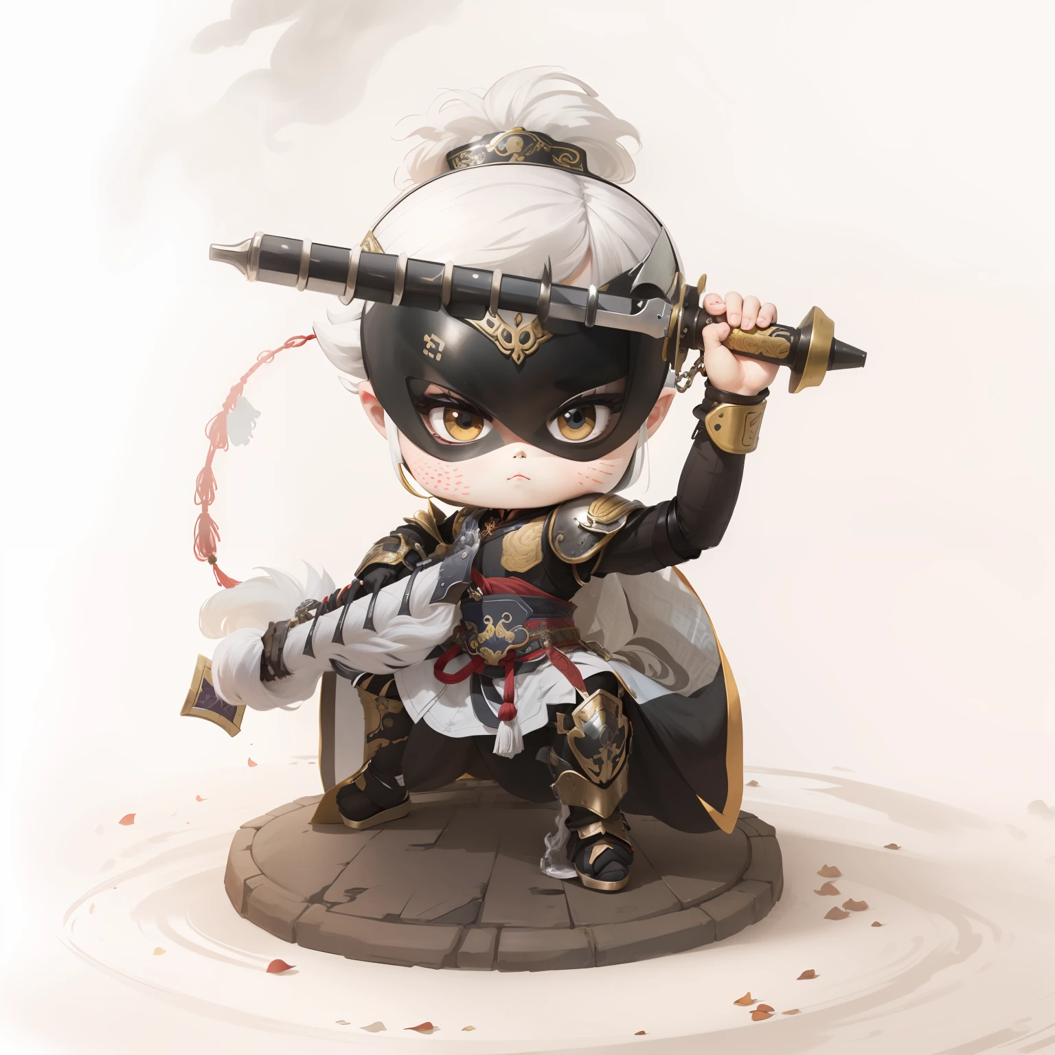 male people,Male characters,tchibi,Bad,Arms,Dual weapons,Ancient Chinese weapons,The handle has a delicate pattern,Shoulder blades,metal breastplate,chainmail,Animal pattern cuirass,chest plate,Bracers,Flowing hem,China-style,Chinese-style clothing,Chinese shoes,There are beautiful patterns on the weapon grips,Refinement,Fine painting,Refinement,infinite details,high definition detail,Patterned,Pattern,Blank background,Bright colors,Metal edging