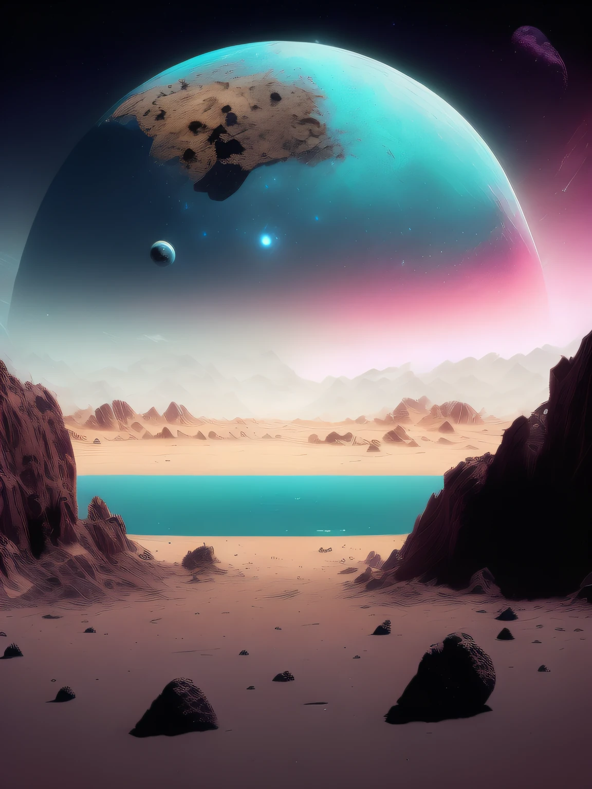 A flat world full of gems， planetes， The foreground is a planet in the middle of the planet's surface，The background is space littered with asteroids，rendering by octane， hyper realisitc