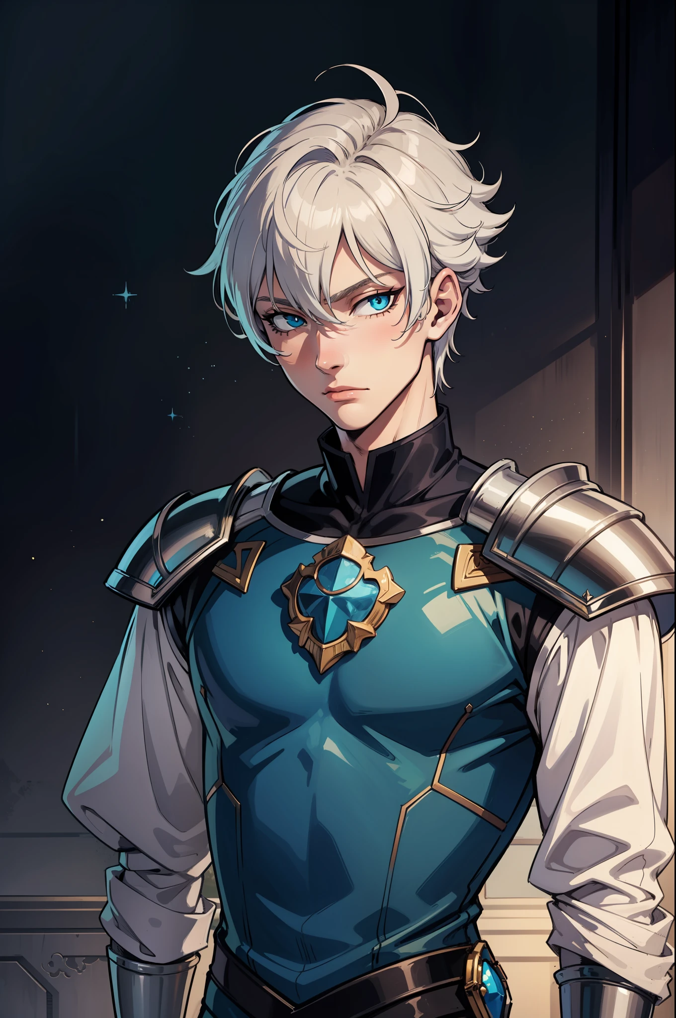 (tmasterpiece), 1boy, amazing quality, Detailed knight-prince, Age 16 years, (Sparkling light, Almost platinum hair), Cyan eyes, faint smile, upper-body, The Prince's Clothes