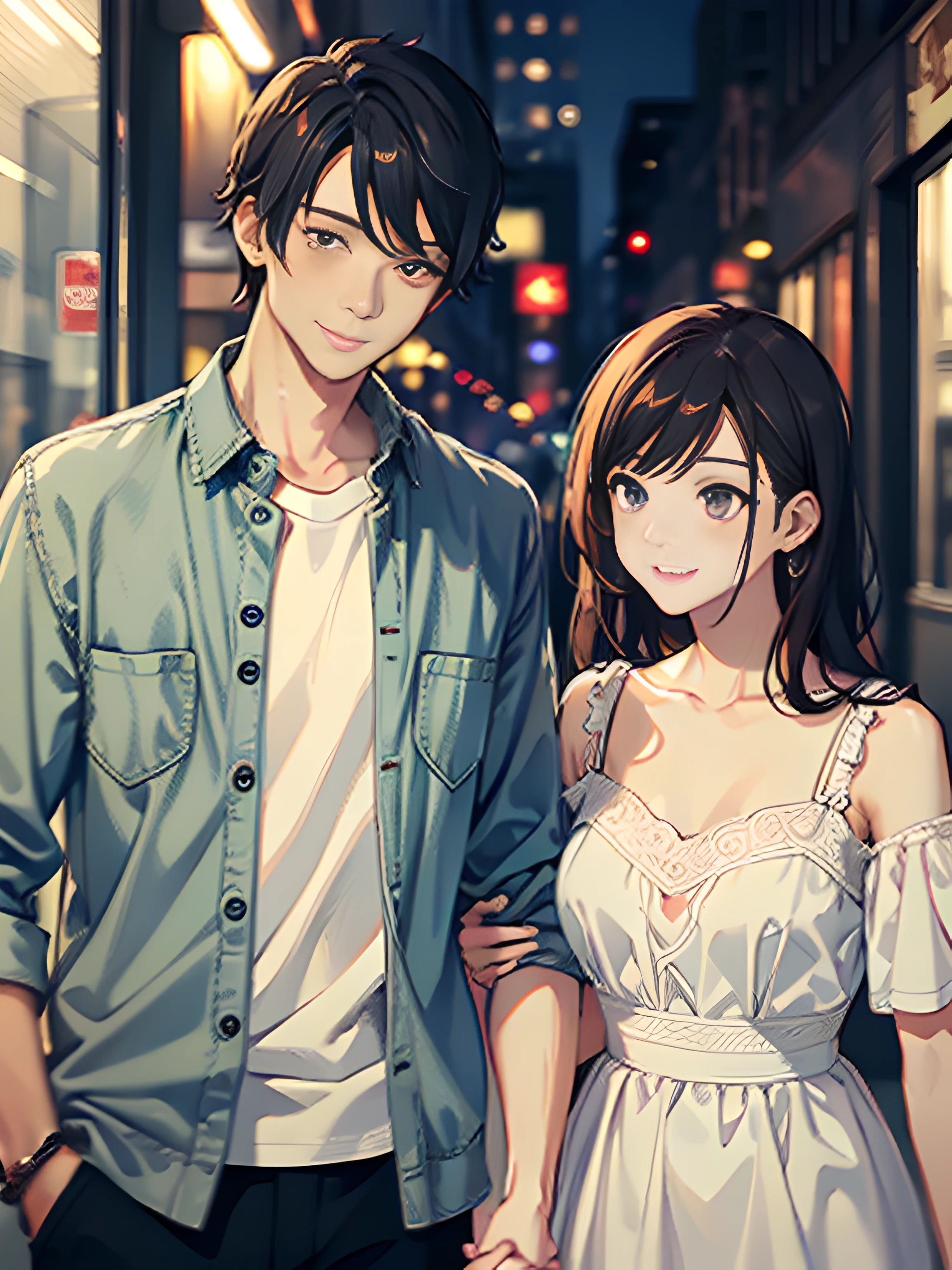 masterpiece, best quality, 2others, couple, 1man with 1woman, mature, adult, Height difference, different fashion, different color, finely detailed eyes and detailed face, intricate details, casual clothes, oversized shirt, modern urban street, holding hands, smile, happy, love