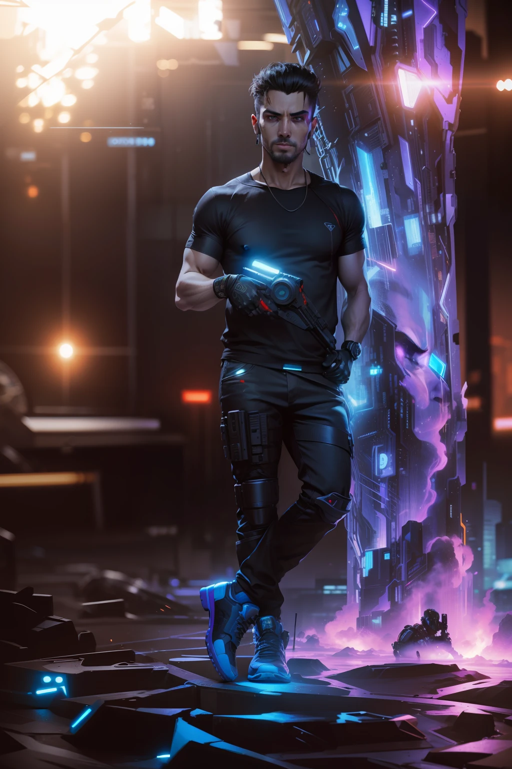 Change background cyberpunk, handsome man with Machine gun, realistic face, 8k,ultra realistic
