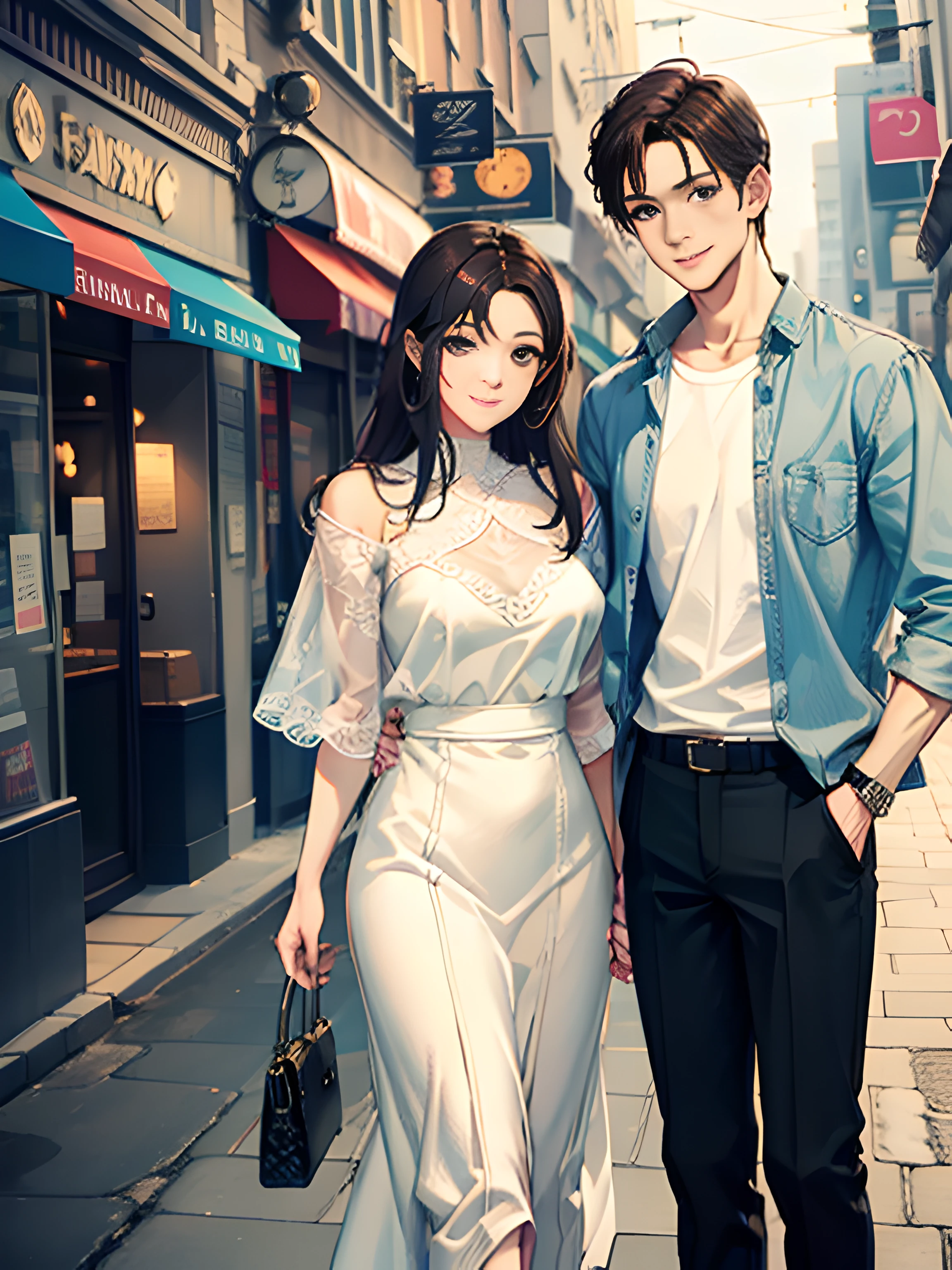 masterpiece, best quality, 2others, couple, 1man with 1woman, mature, adult, Height difference, different fashion, different color, finely detailed eyes and detailed face, intricate details, casual clothes, oversized shirt, modern urban street, holding hands, smile, happy, love