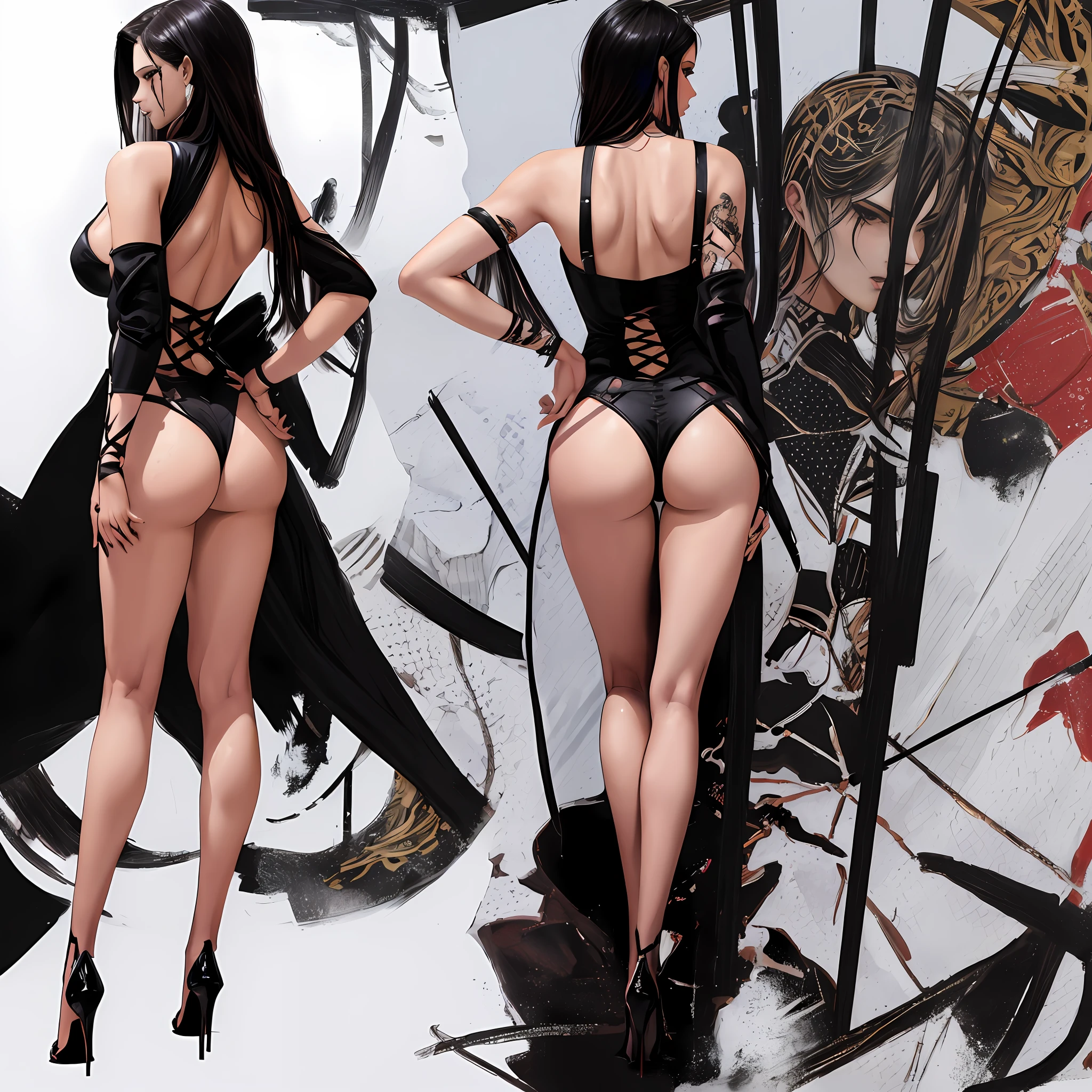 Illustration art,Whole body movement,Sexy woman in sexy clothes,Very cool facial expression,the sideview,with his back to the viewer,Performance artist,Great erotic art,painting art,Sexy art,Detailed body part details,long leges,Inspired by J.c.Ryan Decker,Epic European and American illustrations,Tall,The whole body is evenly sexy
