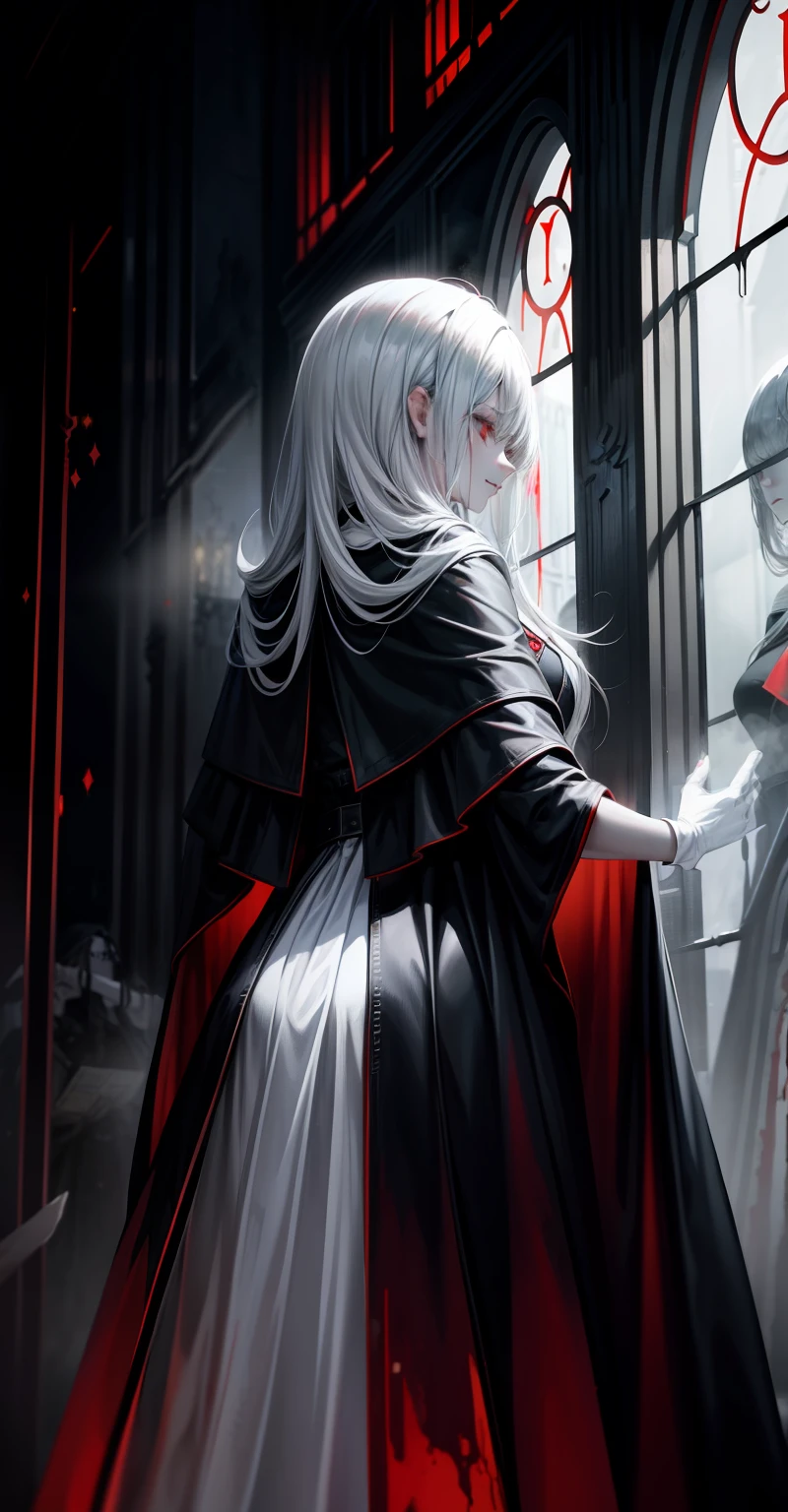 best qualtiy、A thriller masterpiece,High-gloss dark style,The back of a woman in rags,Black-white-gray drawing,Desperate visual impact,Death is imminent,The end of London,Clock Tower chain,Blood red cloak,White gloves,Mirror-like reflection,Background of the Harwak School of Witchcraft and Wizardry,Ultra-clear。