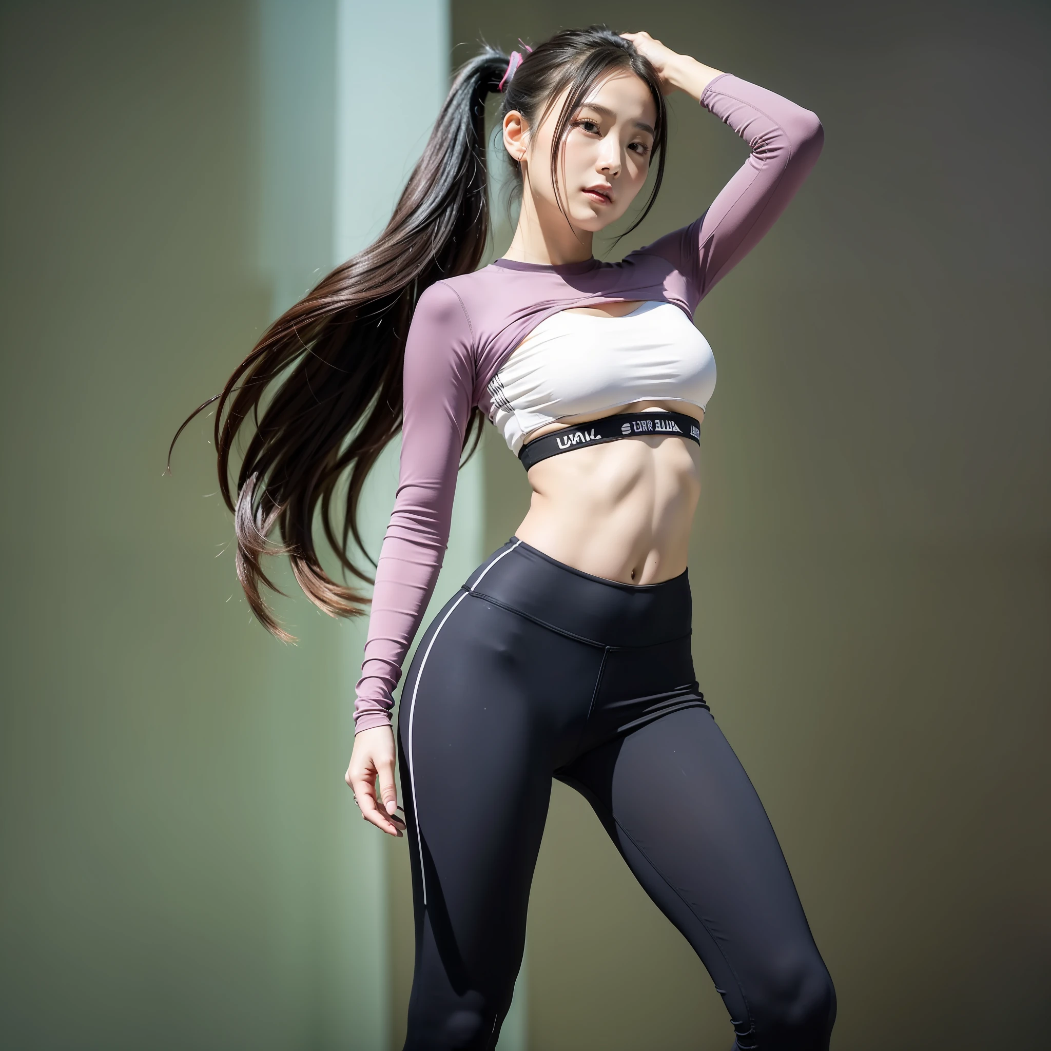 16K resolution,best qualtiy,tmasterpiece,超高分辨率,(真实感:1.4),Standing on the left side,Show off your S-shaped body,right hand on head,sideface,head looking up,Side cheek up and look to the left,Look to the left,Stand on the left side,Crop top shirt,Black yoga trousers,The legs are slimmer,Long black hair with a ponytail,slim toned body,Small man's waist,B cup,The buttocks are small but very upturned,mannequin,a picture,tmasterpiece