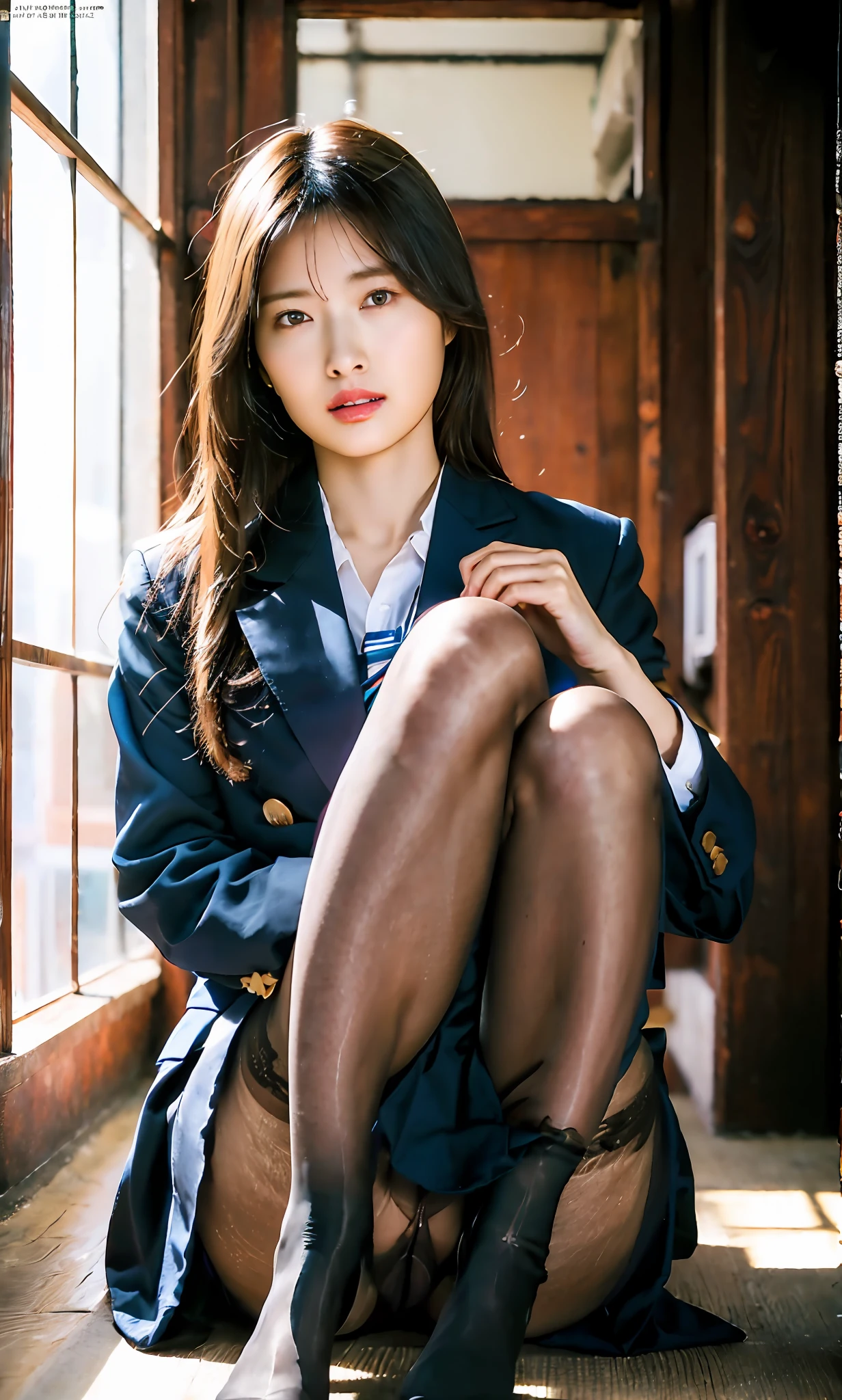 ulzzang-6500-v1.1, (raw photo:1.2), (photorealistic:1.4), beautiful detailed girl, very detailed eyes and face, beautiful detailed eyes, ridiculous, incredibly ridiculous, huge file size, super detailed, high resolution, very detailed, best quality, masterpiece, kemomimi, ((Japanese girls' high school uniform)), illustration, very detailed, CG, unified, 8k wallpaper, amazing, Fine details, masterpiece, best quality, very detailed CG uniform 8k wallpaper, light on face, cinematic lighting, 1girl, , ((no panties)), ((dynamic pose))), (camel toe), (half), (pantyhose), (knee-bending leg sitting))