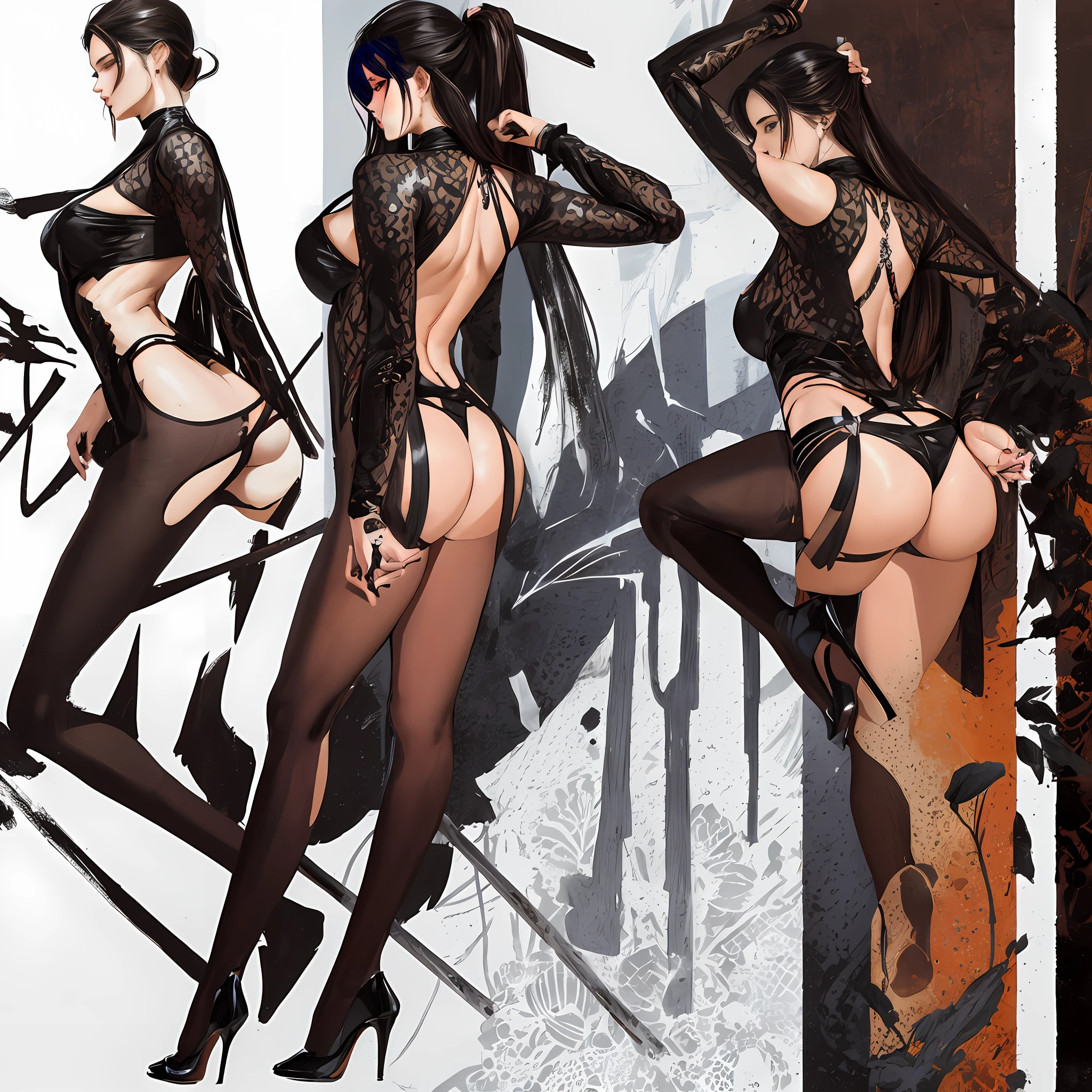 Illustration art,Whole body movement,y woman in sexlothes,Very cool facial expression,the sideview,with his back to the viewer,Performance artist,Great eroticainting art,Sexy art,Deted body part details,long leges,Inspired by J.c.Ryan Decker,Epic European and American illustrations,Tall,The whole body is evenly sexy