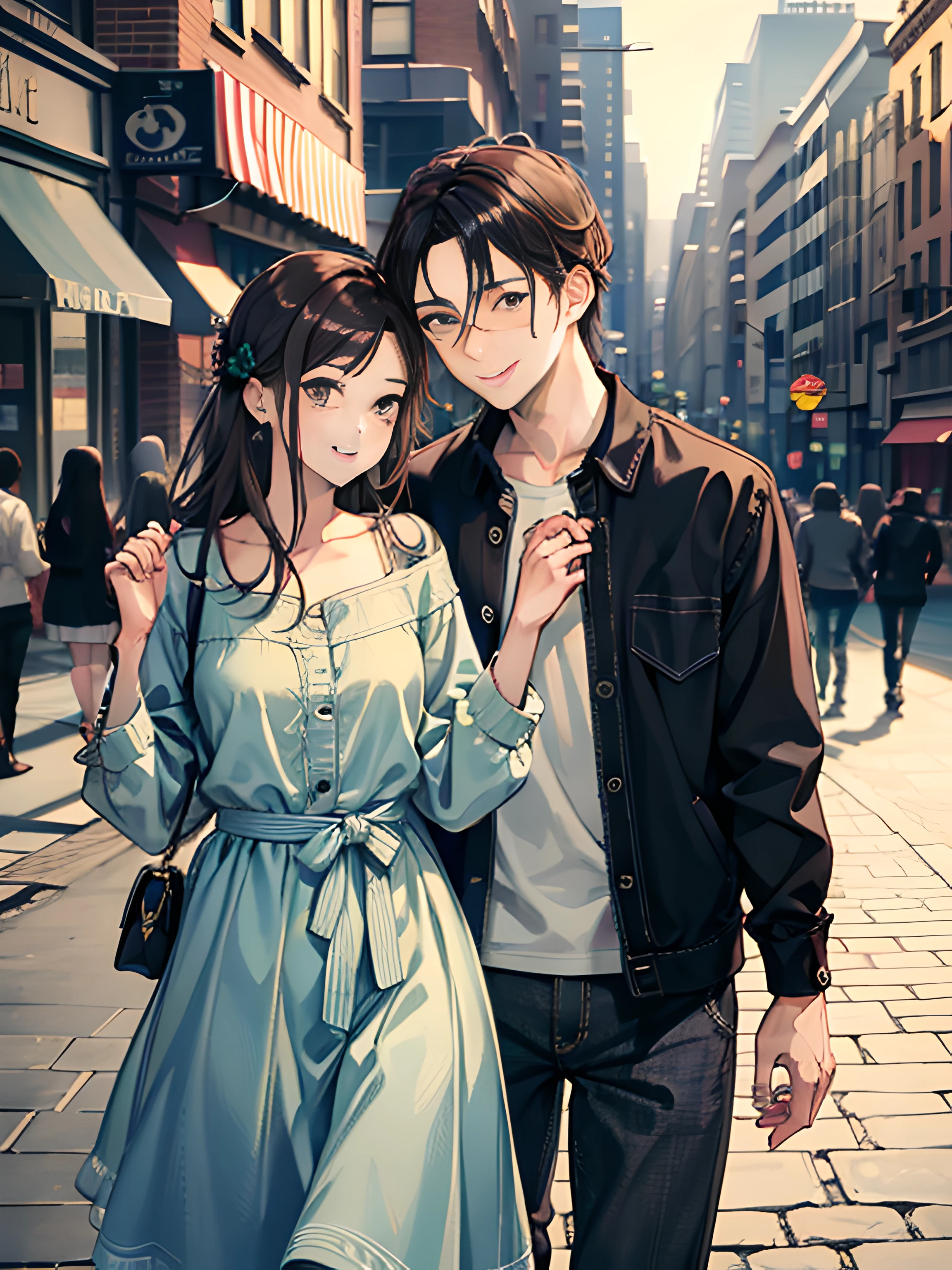 masterpiece, best quality, 2others, couple, 1man with 1woman, mature, adult, Height difference, different fashion, different color, finely detailed eyes and detailed face, intricate details, casual clothes, oversized shirt, modern urban street, holding hands, smile, happy, love