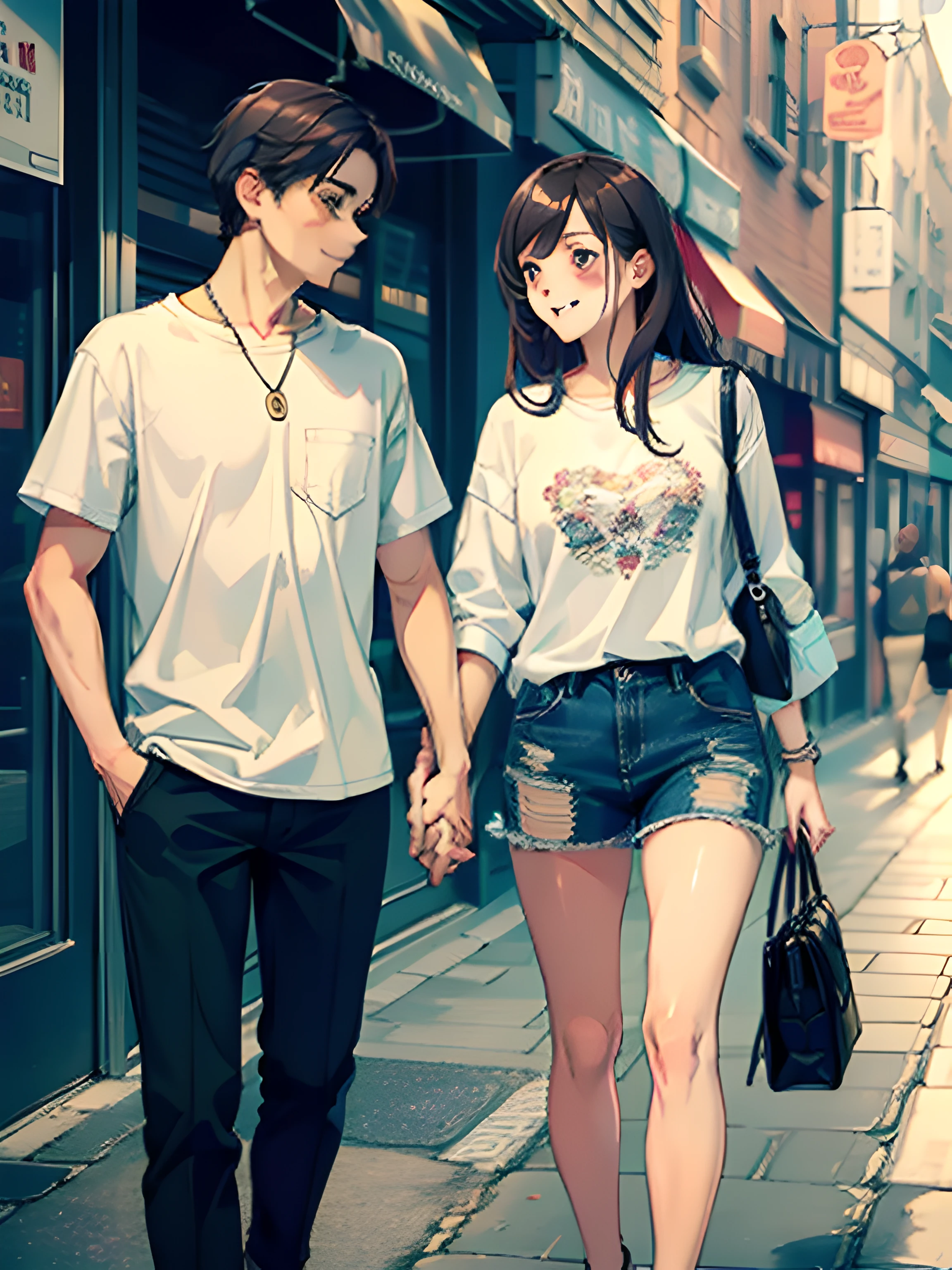 masterpiece, best quality, 2others, couple, 1man with 1woman, mature, adult, Height difference, different fashion, different color, finely detailed eyes and detailed face, intricate details, casual clothes, oversized shirt, modern urban street, holding hands, smile, happy, love