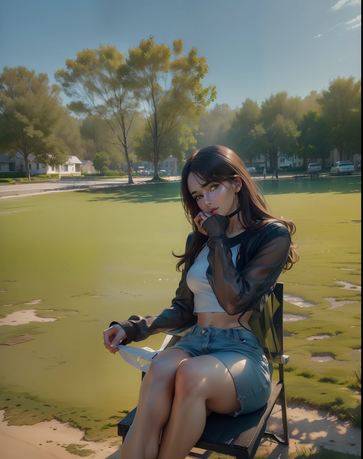 ((Realistic lighting, Best quality, 8K, Masterpiece:1.3)), Focus:1.2, 1girl, Perfect Figure:1.4, Slim Abs:1.1, ((Dark Brown Hair)), (White Crop Top: 1.4), (Outdoor, Seaside: 1.1), City Street, Super Fine Face, Fine Eyes, Double Eyelids,