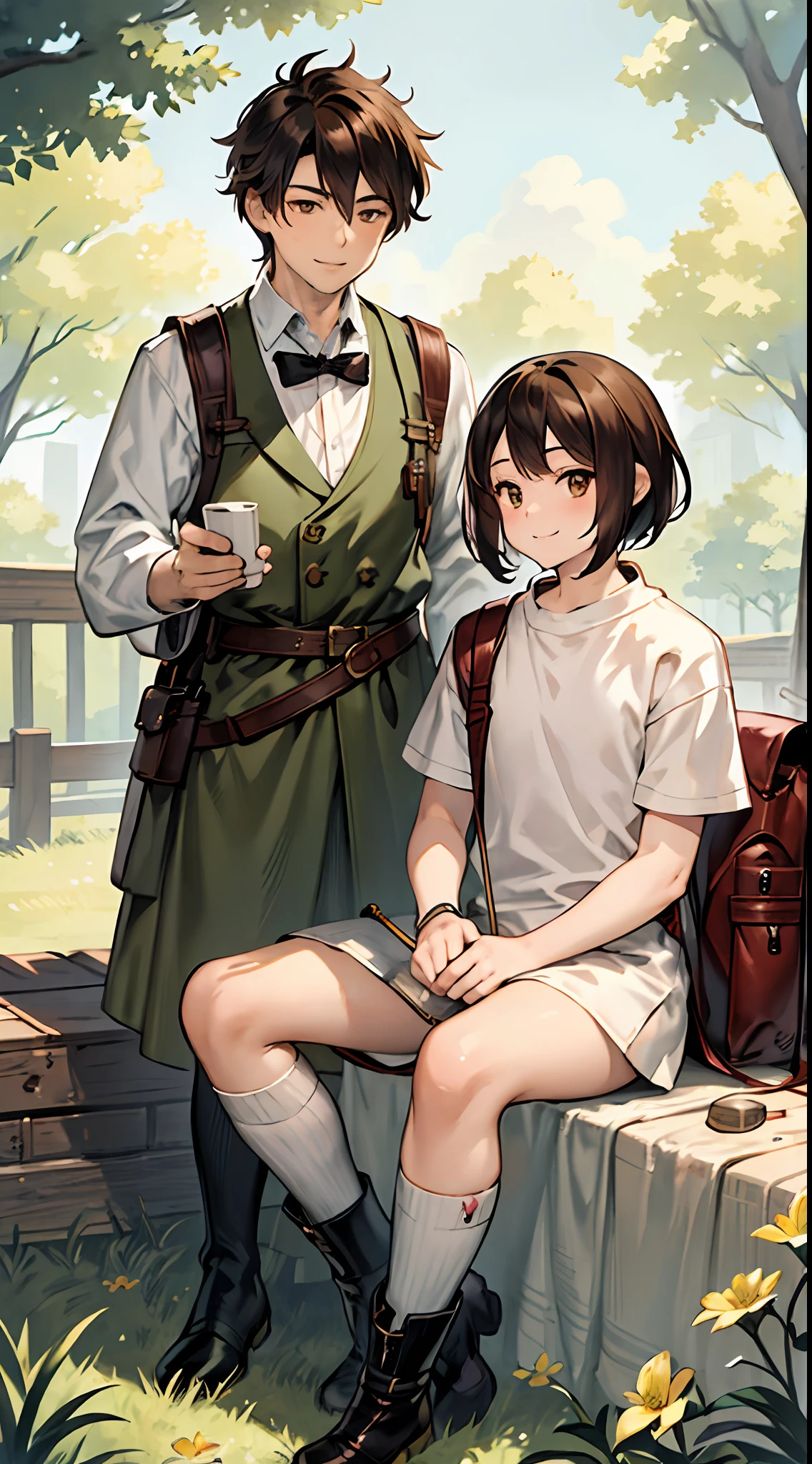 Masterpiece, Best quality, Ultra detailed, 超高分辨率, (Photorealistic:1.2), 8K, Extremely detailed Cg Unity 8K wallpapers, Intricate, Highly detailed, Realistic,
1 male,
Teenage uncensored, (self-assured), (Handsome), (Smile), Big eyes, Short hair, Brown hair,
Adventure clothing, hiking boots, (cane in hand), backpack by side
Leaning against the big tree, Leisurely, enjoying the shade, relaxing
Weeds, Flowers, Nature, cute little animal interaction
Composition at the line of thirds, direct light
Warm colors, Rich colors, rich details​
[Impassa texture], watercolor texture
pixiv style