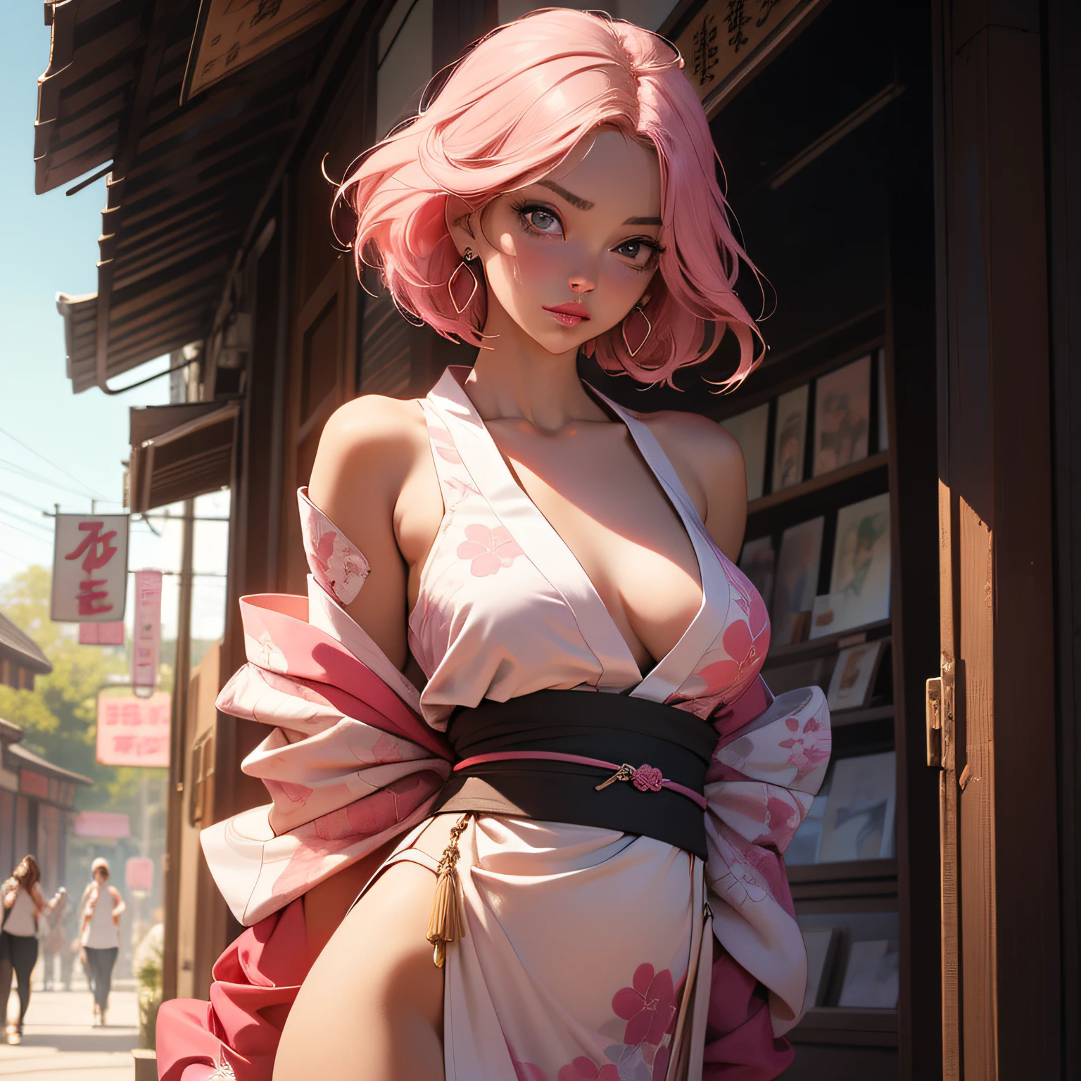 Masterpiece, 4K, detalied, Beautiful, Large breasts, Wide hips, Thick thighs, Long pink hair, Blushing, heavy  makeups, pretty, Short hair, Earrings, jewelry, Bracelet, (((Pink hair, [PERFECT REALISTIC EYES]))), ultra realistic 8k cg, Perfect face, Flawless, Clean, Masterpiece, Professional artwork, famous art, Cinematic lighting, Perfect face, Beautiful face, Beautiful eyes, (((Perfect female body, Narrow waist))), Real, intricately details, Delicate pattern, Sexy, Charming, Seductive, Seductive, Erotic, Charming, hair adornments, Earrings, Bracelet, Armband, looking at viewert, komono, flowery kimono, red and black kimono, Flowing hair, wind swept hair, Long bangs, Liu Hai Walnut