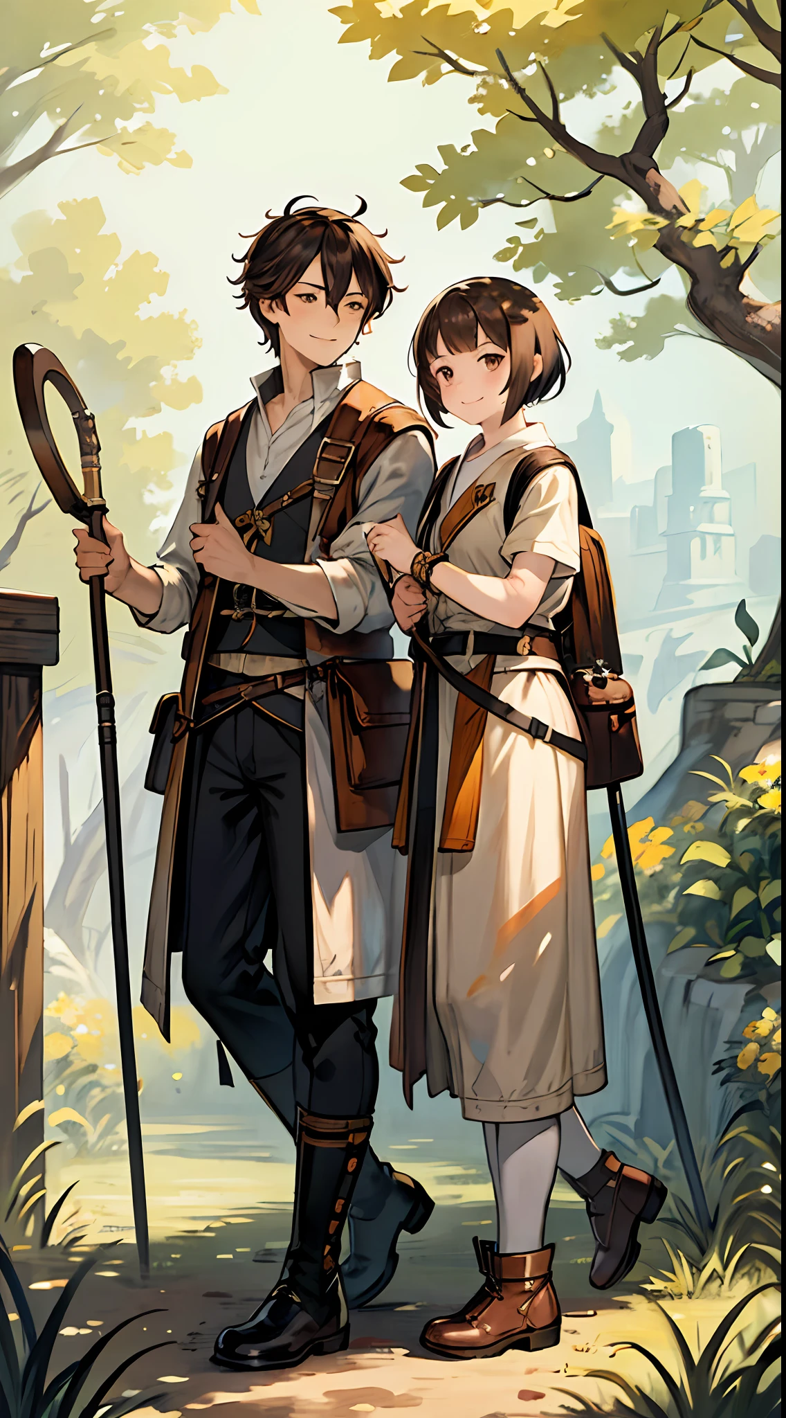 Masterpiece, Best quality, Ultra detailed, 超高分辨率, (Photorealistic:1.2), 8K, Extremely detailed Cg Unity 8K wallpapers, Intricate, Highly detailed, Realistic,
1 male,
Teenage uncensored, (self-assured), (Handsome), (Smile), Big eyes, Short hair, Brown hair,
Adventure clothing, hiking boots, (cane in hand), backpack by side
Leaning against the big tree, Leisurely, enjoying the shade, relaxing
Weeds, Flowers, Nature, cute little animal interaction
Composition at the line of thirds, direct light
Warm colors, Rich colors, rich details​
[Impassa texture], watercolor texture
pixiv style