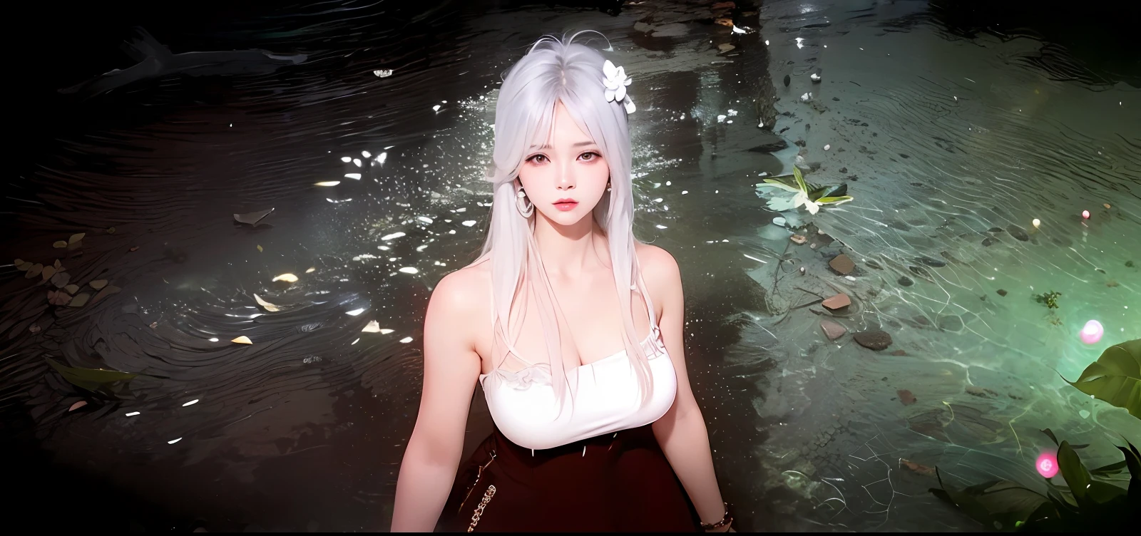 (8k, RAW photo, photorealistic:1.25) ,( lipgloss, eyelashes, gloss-face, glossy skin, best quality, ultra highres, depth of field, chromatic aberration, caustics, Broad lighting, natural shading, Kpop idol) looking at the audience With serenity and goddess-like bliss, big breasts