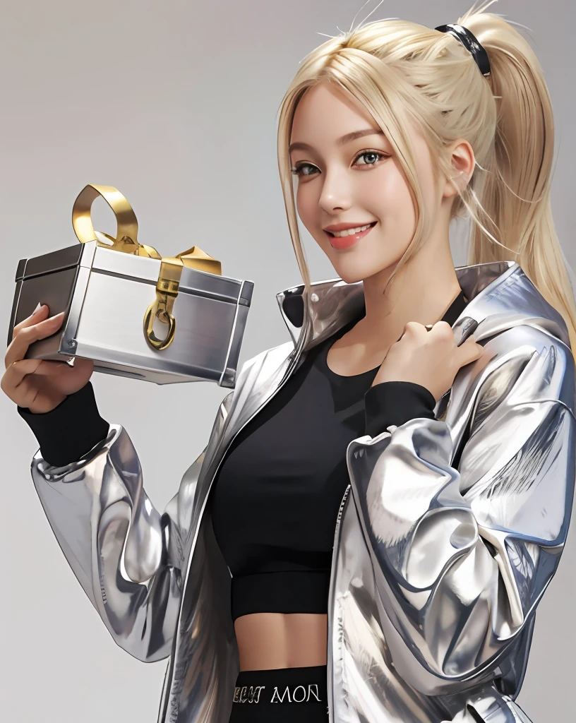 bestquality, ung woman holding a treasure box, bara, Cartoon Image , simple background, Silver jacket, Ponytail hairstyle,blond hair,Smile happily,