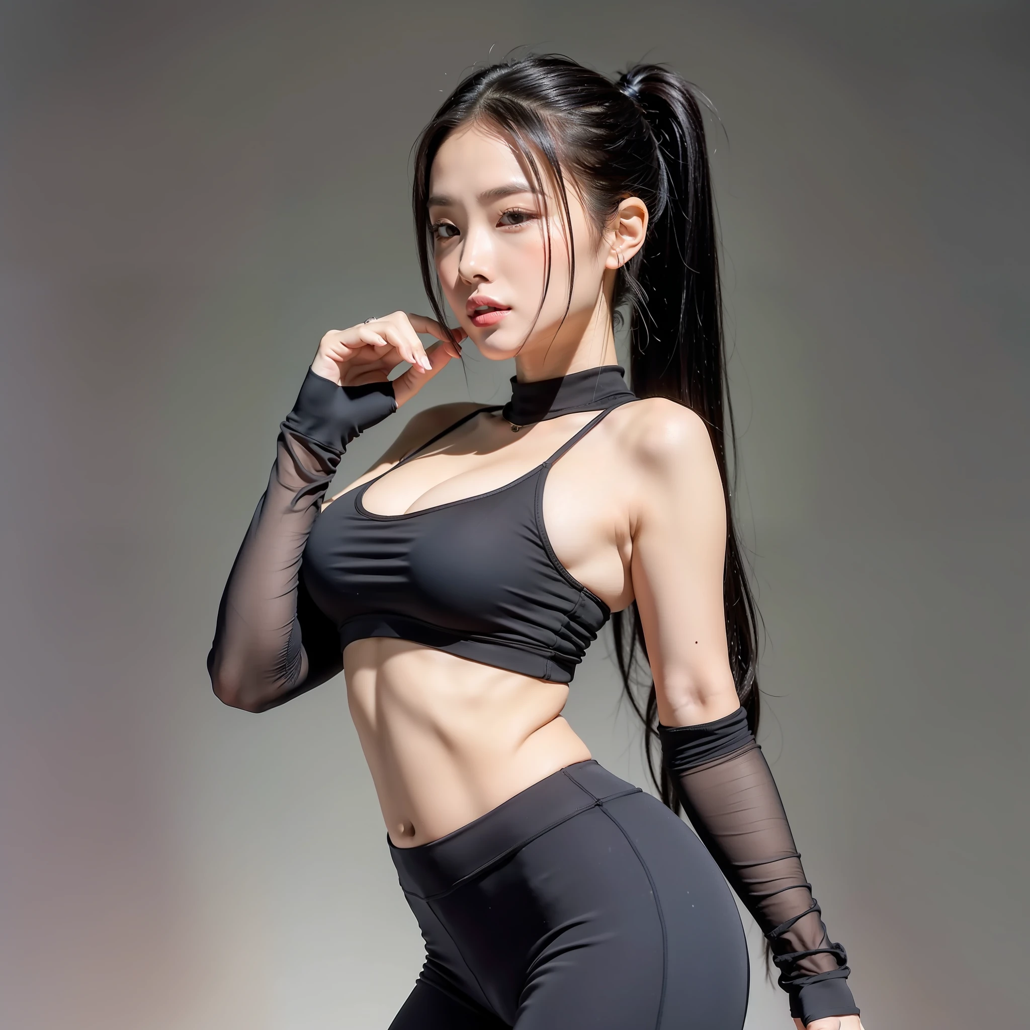 16K resolution,best qualtiy,tmasterpiece,超高分辨率,(真实感:1.4),On the left side stands to display the S-shaped figure,Place your right hand on your forehead,Side face up,sideways standing,Stand on the left side,Side cheek up and look to the left,Crop top shirt,Black yoga trousers,The legs are slimmer,Long black hair with a ponytail,slim toned body,Small man's waist,B cup,The buttocks are small but very upturned