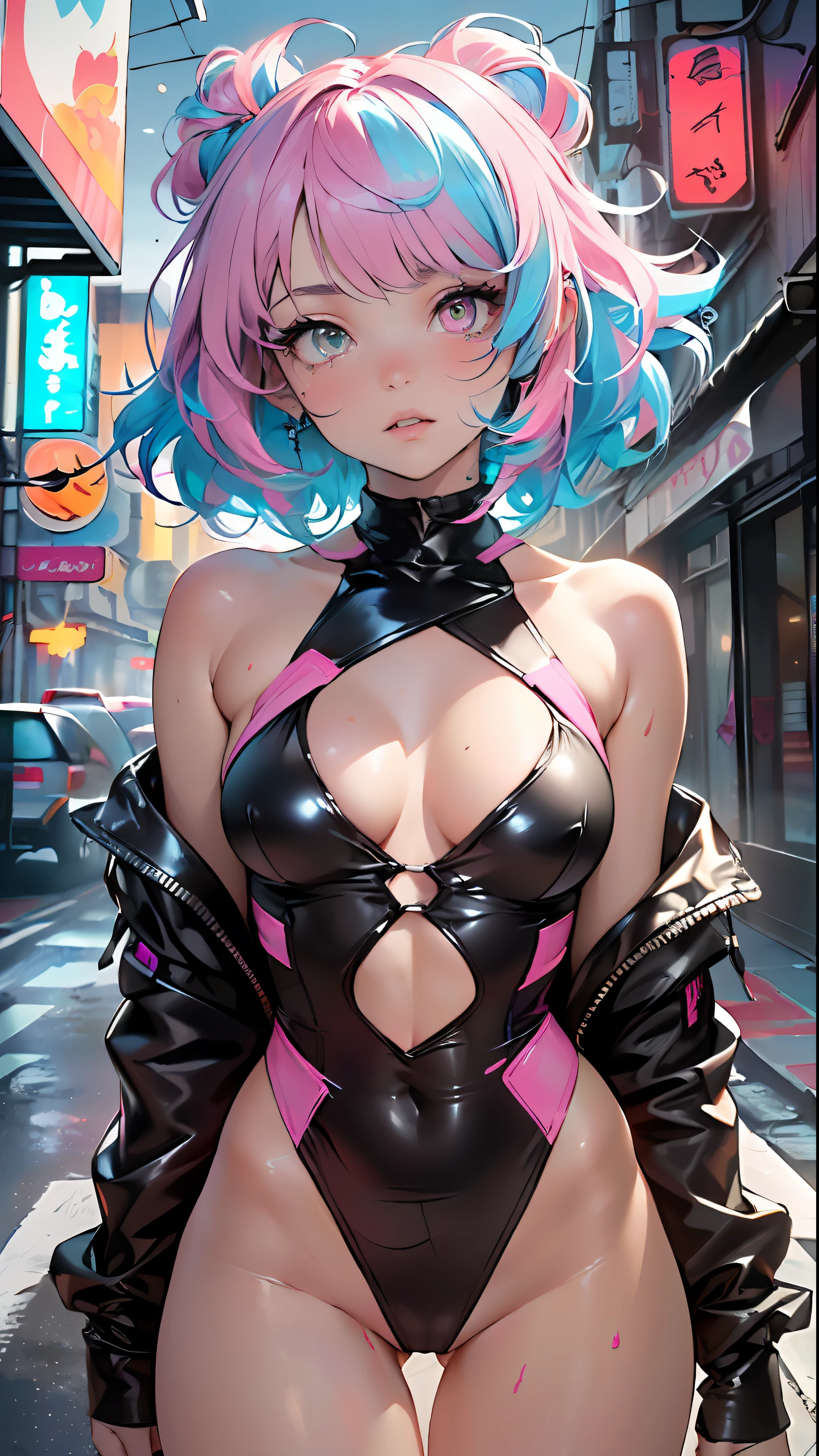 cute little cartoon loli,(((little li, small tiny body, petite))), (((6 ye),((extremely cute and beautiful liquid paint hair haired anime girl walking down the street)),
(((flat chest))),saggy breasts,short hair,(((liquid paint hair:1.1))),(((neon purple hair|neon pink hair|neon blue hair|neon aqua hair|purple hair|fuchsia hair|fluorescent blue hair|amethyst hair|neon hair|bright pink hair :1.5,bright hair: 1.3))),((made of paint and defies gravity,thick flowing),(paint splatter:1.3,shiny hair: 1.3,vibrant colors),((heterochromia, eye1 purple, eye2 pink,upturned eyes:1.3,perfect eyes,beautiful detailed eyes, rainbow glows ultra-detailed deep pink purple eyes:1.1,gradient eyes:1, finely detailed beautiful eyes:1,symmetrical eyes:1,big highlight on eyes:1.2)),((fat)), (((lustrous skin:1.5, bright skin: 1.5,skin tanned,shiny skin,very shiny skin,shiny body,plastic glitter skin,exaggerated shiny skin))),(spider lower abdomen,narrow waist,wide hip,athletic body, inflated legs,delicate detailed fingers,detailed body,detailed arms, human hands,detailed hands,),
cute, slutty, seductive, erotic, (((nsfw))),
zettai ryouiki,revealing clothing,show skin,(wearing a Neon color theme clothing:1.3,Neon color theme one-piece swimsuit, bare legs),with micro clothes,almost totally naked,with little clothing,tiny thong,generous neckline,(detailed outfit, detailed clothes),
(dynamic pose:1.0), solo focus, embarrassed, centered, scale to fit dimensions, Rule of thirds,
outdoors, ((night view)), (cyberpunk night street Background: 1.5,dark sky,alleyway,lonely alley,thick clouds, detailed background:1.25),
(best quality), (high resolution), (sharp focus), (ultra detailed), (extremely detailed), (extremely high quality artwork), 8k_wallpaper, (extremely detailed CG 8k),(very fine 8K CG), ((hyper super ultra detailed perfect piece)), flawless, (((masterpiece))), illustration, vibrant colors, (intricate), High contrast, Selective lighting, Double exposure, HDR (High Dynam