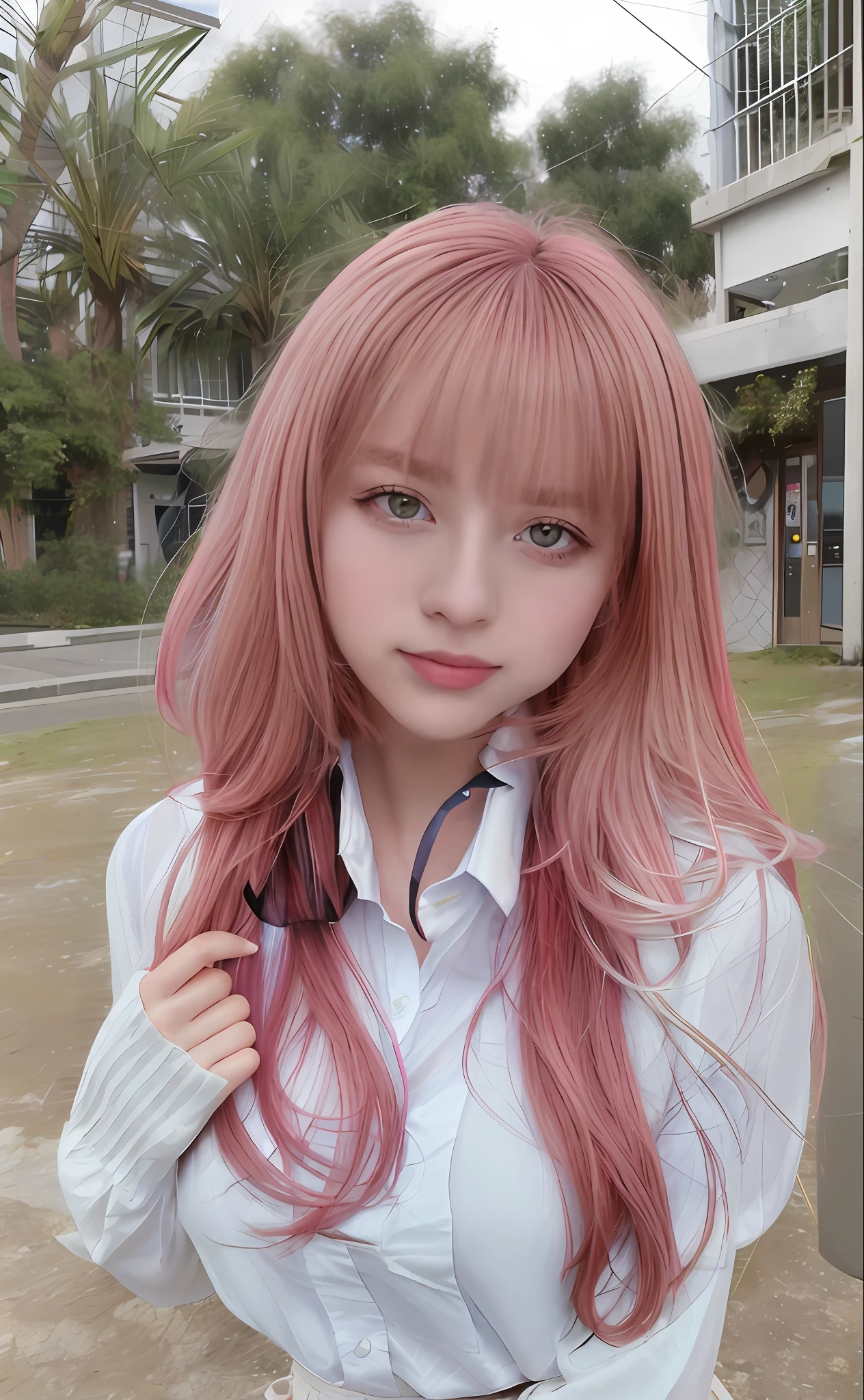 There is a woman with pink hair posing for a photo, pink twintail hair and cyan eyes, with pink hair, Flowing pink hair, long whitr hair，Thick bangs, pink straight hair, Long flowing pink hair, ulzzangs, Kawaii realistic portrait, pink wispy hair, cute girl with short pink hair, Long hair with bangs, tidy hair，By bangs