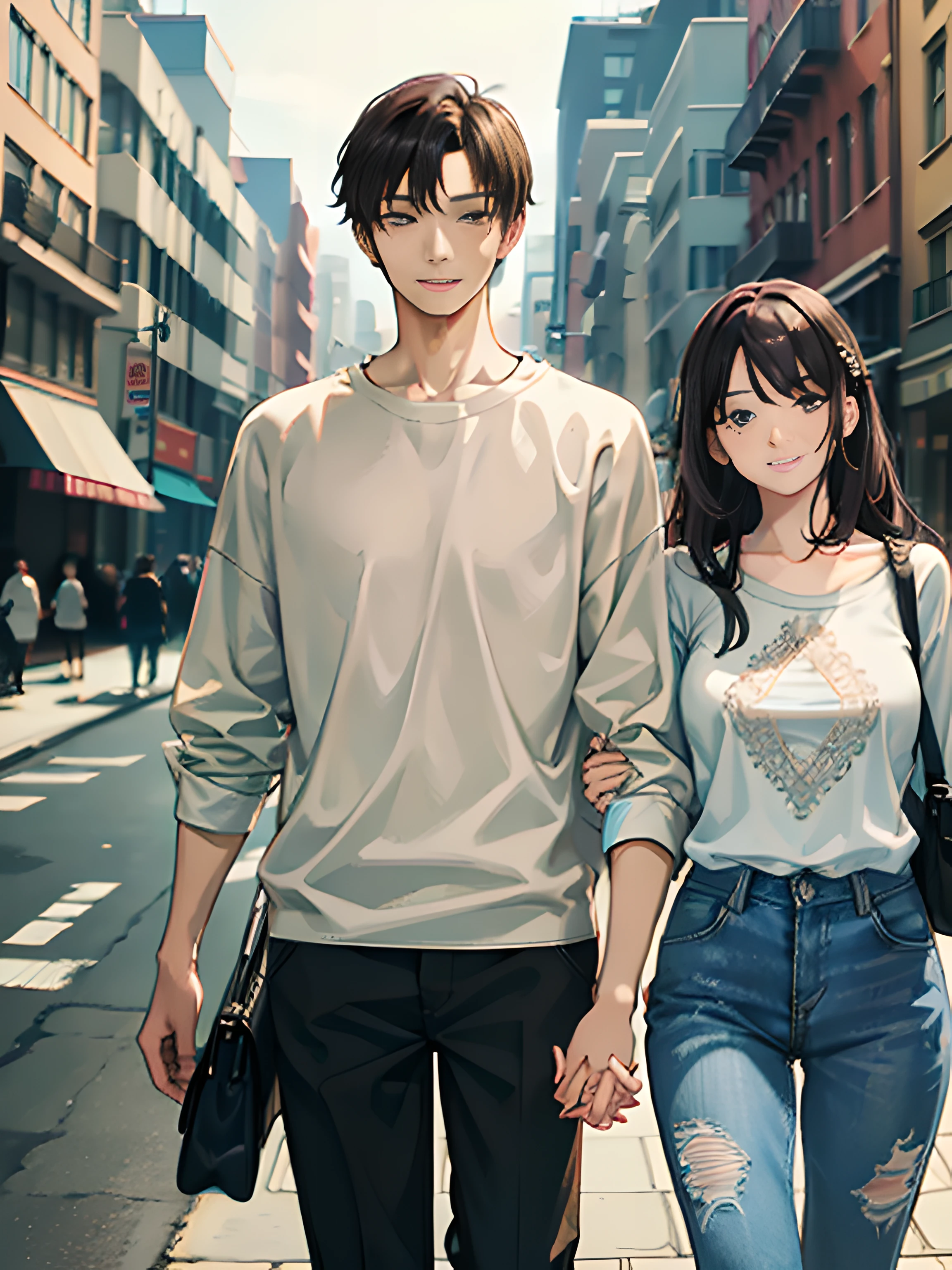 masterpiece, best quality, 2others, couple, 1man with 1woman, mature, adult, Height difference, different fashion, different color, finely detailed eyes and detailed face, intricate details, casual clothes, oversized shirt, modern urban street, holding hands, smile, happy, love