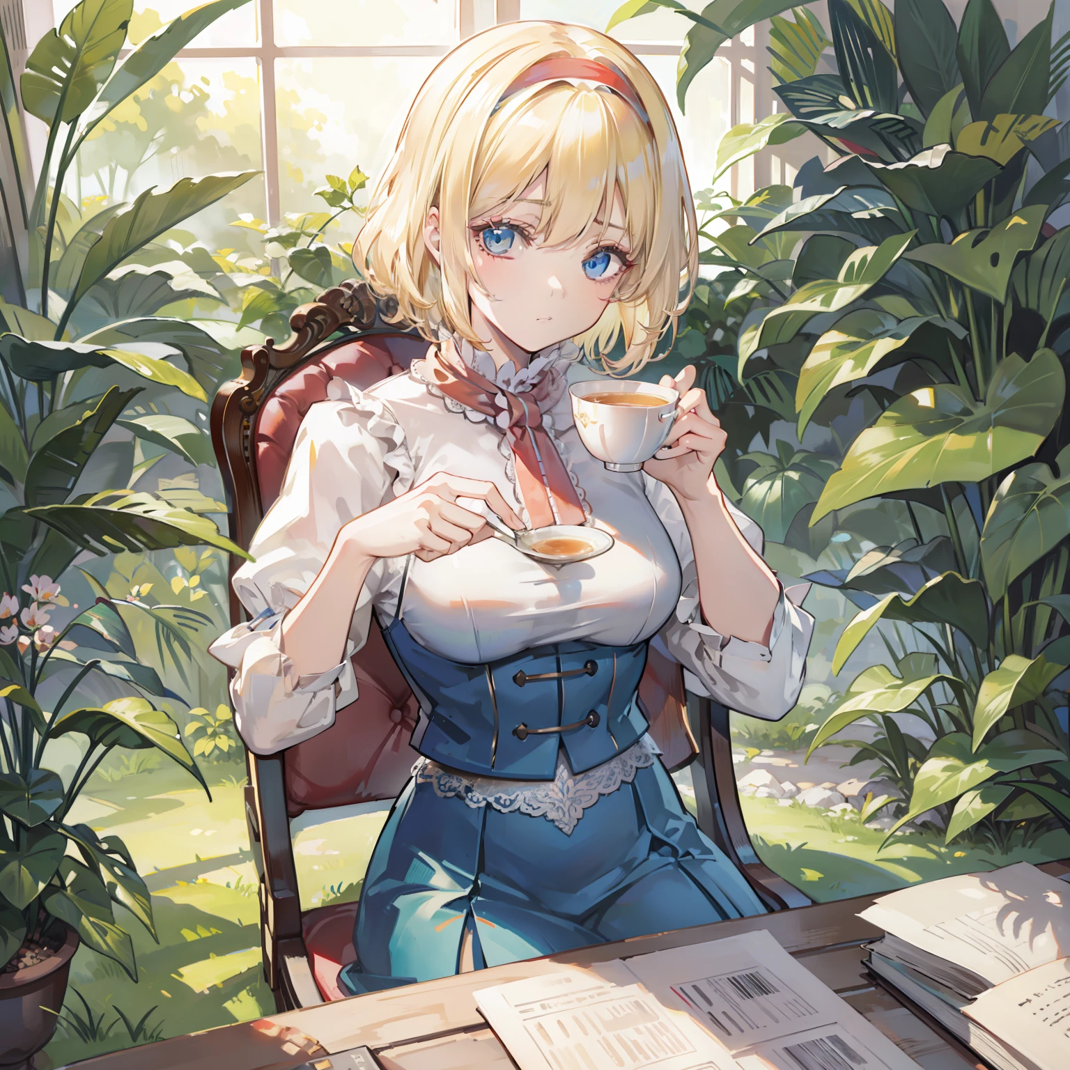 Illustration of Alice Margatroid sitting on a chair, masterpiece, fine detail, 4k, 8k, 12k, solo, one person, beautiful girl, Caucasian female, Alice Margatroid drinking tea, blonde, medium breasts, western terrace, botanical garden