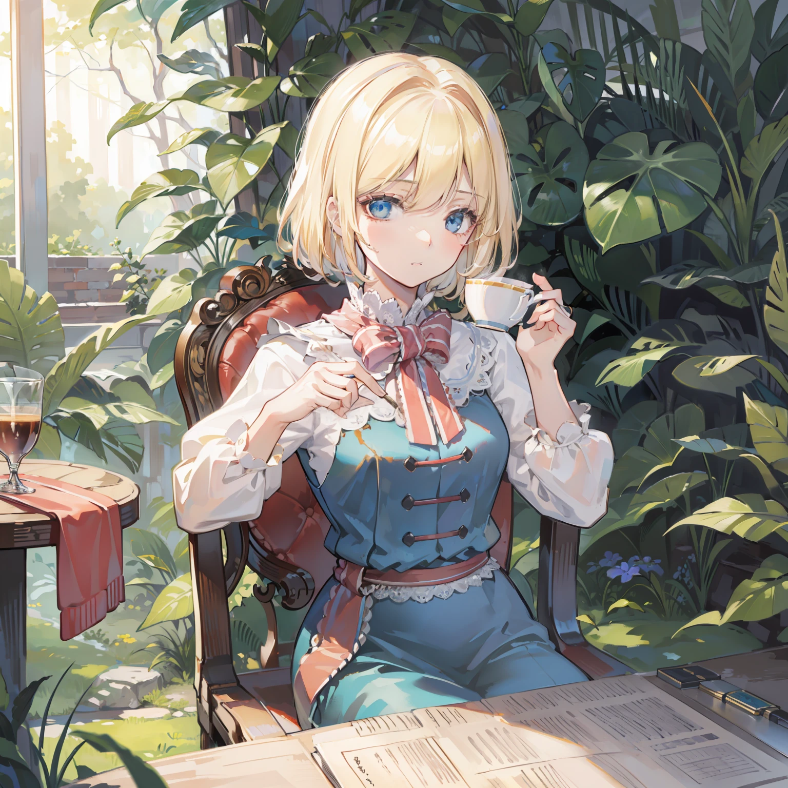 Illustration of Alice Margatroid sitting on a chair, masterpiece, fine detail, 4k, 8k, 12k, solo, one person, beautiful girl, Caucasian female, Alice Margatroid drinking tea, blonde, medium breasts, western terrace, botanical garden