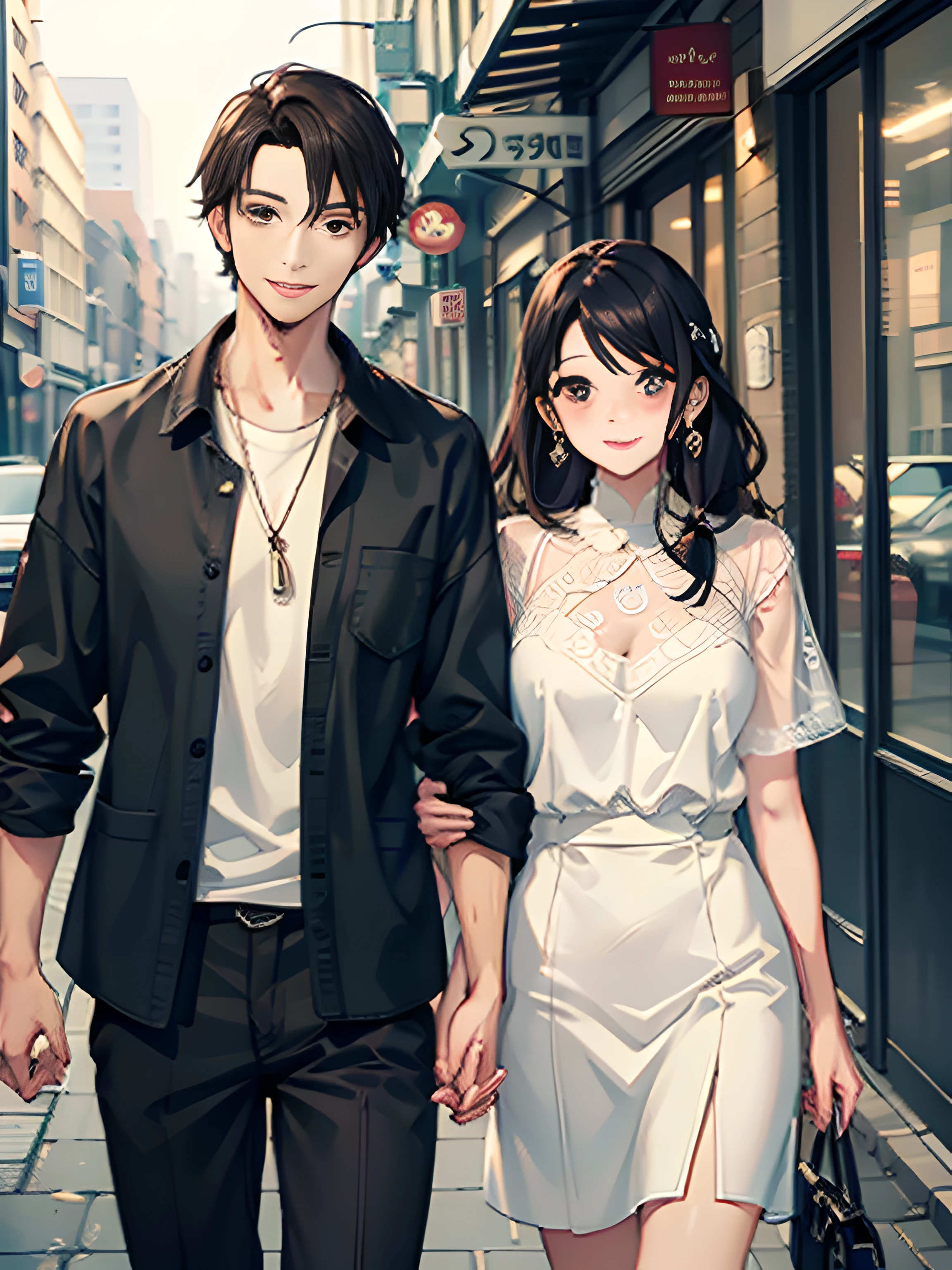 masterpiece, best quality, 2others, couple, 1man with 1woman, mature, adult, Height difference, different fashion, different color, finely detailed eyes and detailed face, intricate details, casual clothes, oversized shirt, modern urban street, holding hands, smile, happy, love