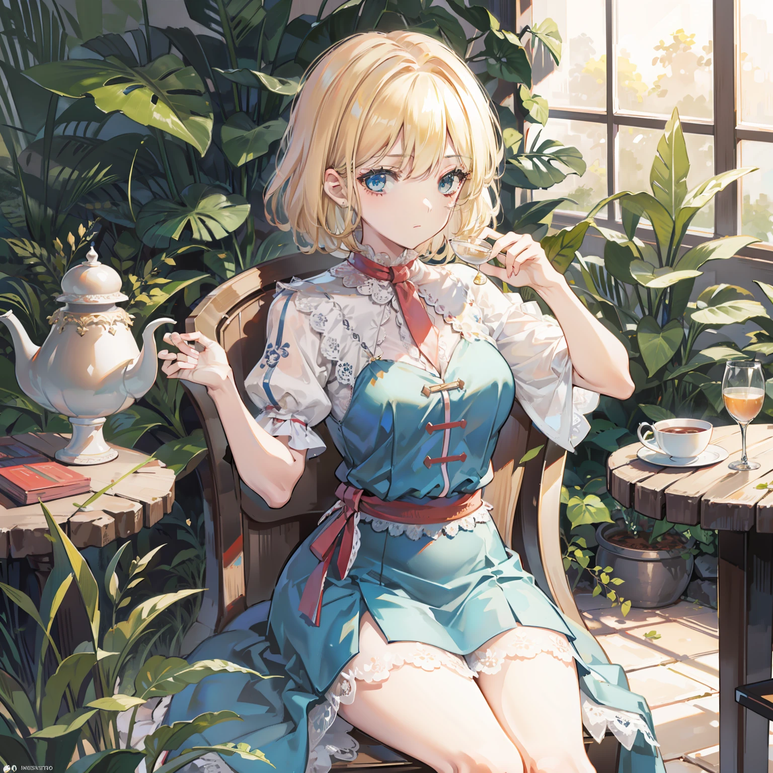 Illustration of Alice Margatroid sitting on a chair, masterpiece, fine detail, 4k, 8k, 12k, solo, one person, beautiful girl, Caucasian female, Alice Margatroid drinking tea, blonde, medium breasts, western terrace, botanical garden