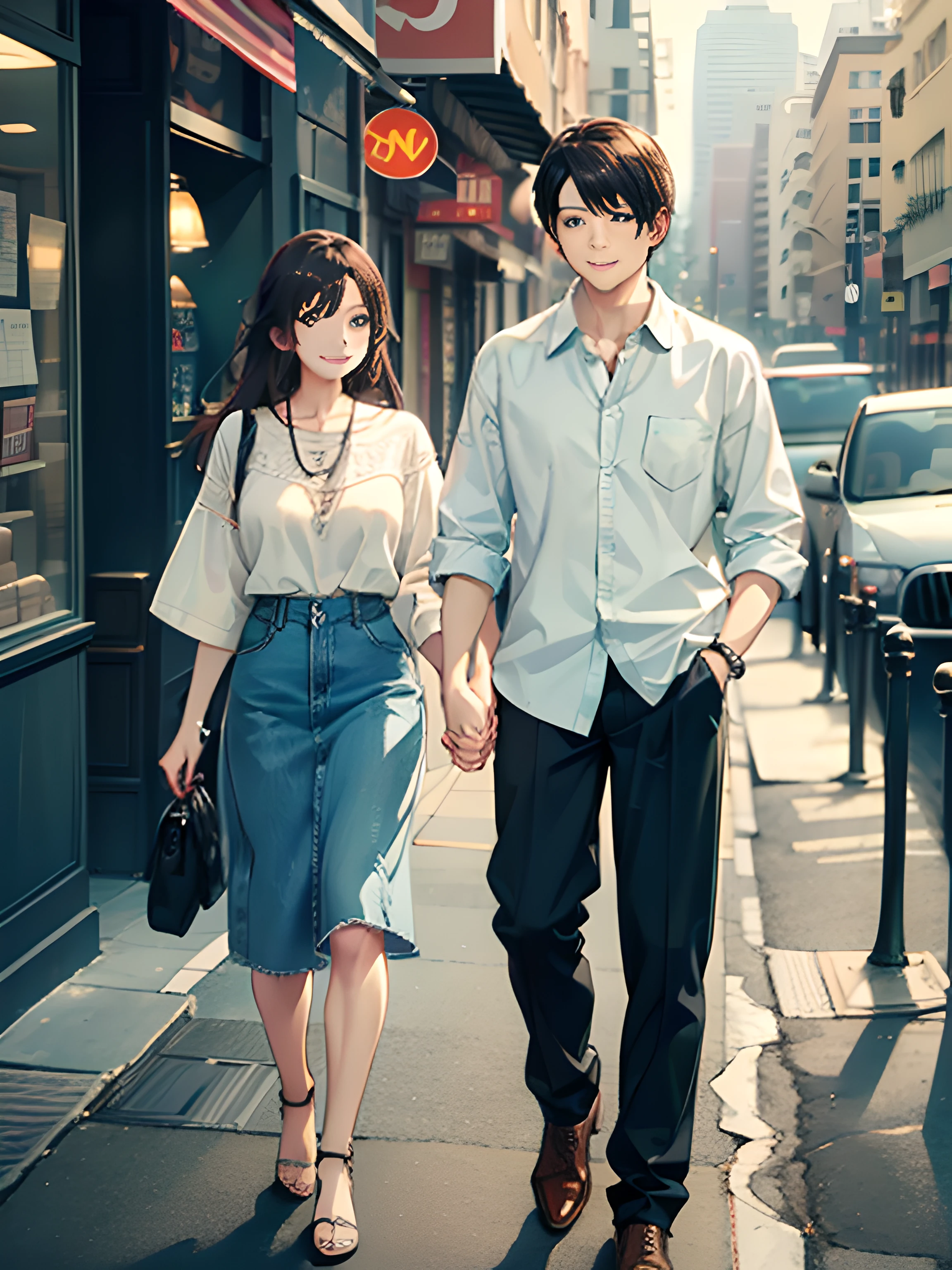 masterpiece, best quality, 2others, couple, 1man with 1woman, mature, adult, Height difference, different fashion, different color, finely detailed eyes and detailed face, intricate details, casual clothes, oversized shirt, modern urban street, holding hands, smile, happy, love