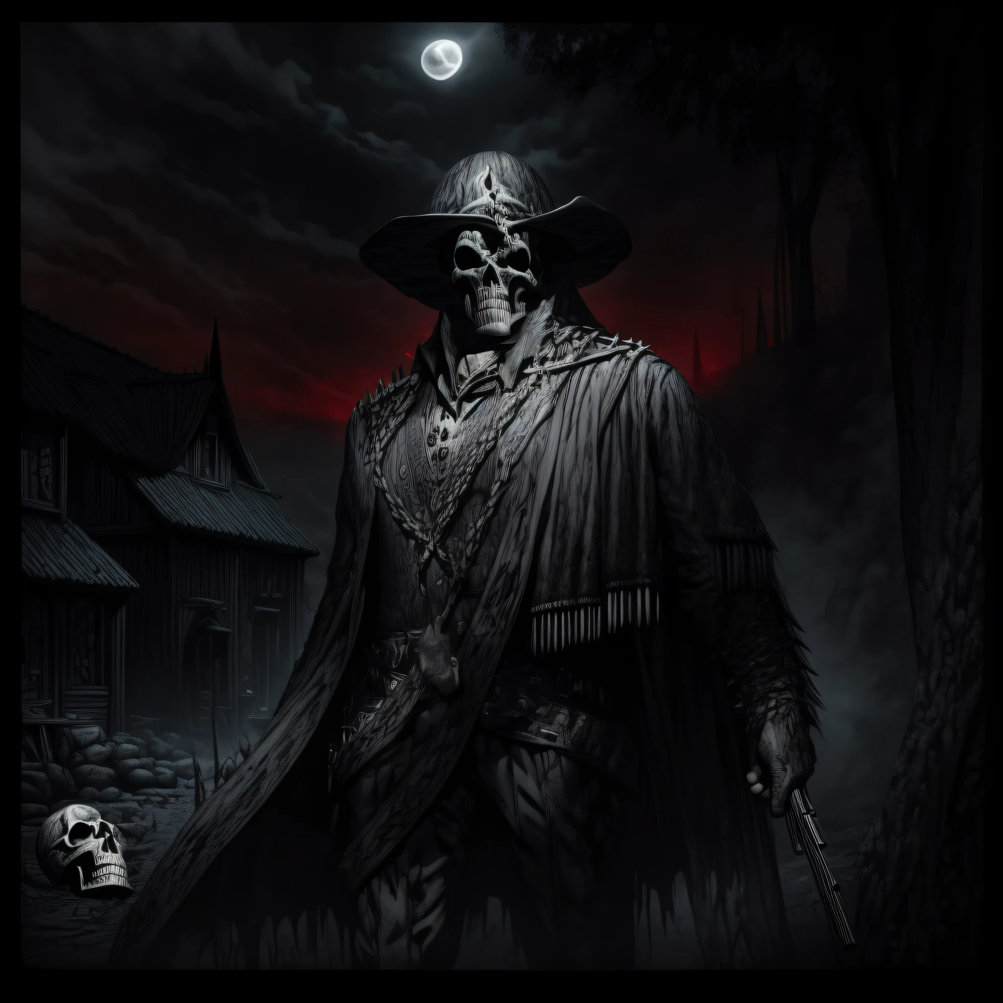 Dark Country album cover, with a skull-faced man in the moonlight holding an art-style pistol of engraving, monochrome, cool colors. artistic style of engraving, cool colors. lineart, monochrome, dread, gothic, horror, surreal, terror, fear, despair, monstrous humanoid, fantasy, dreamlike, dramatic