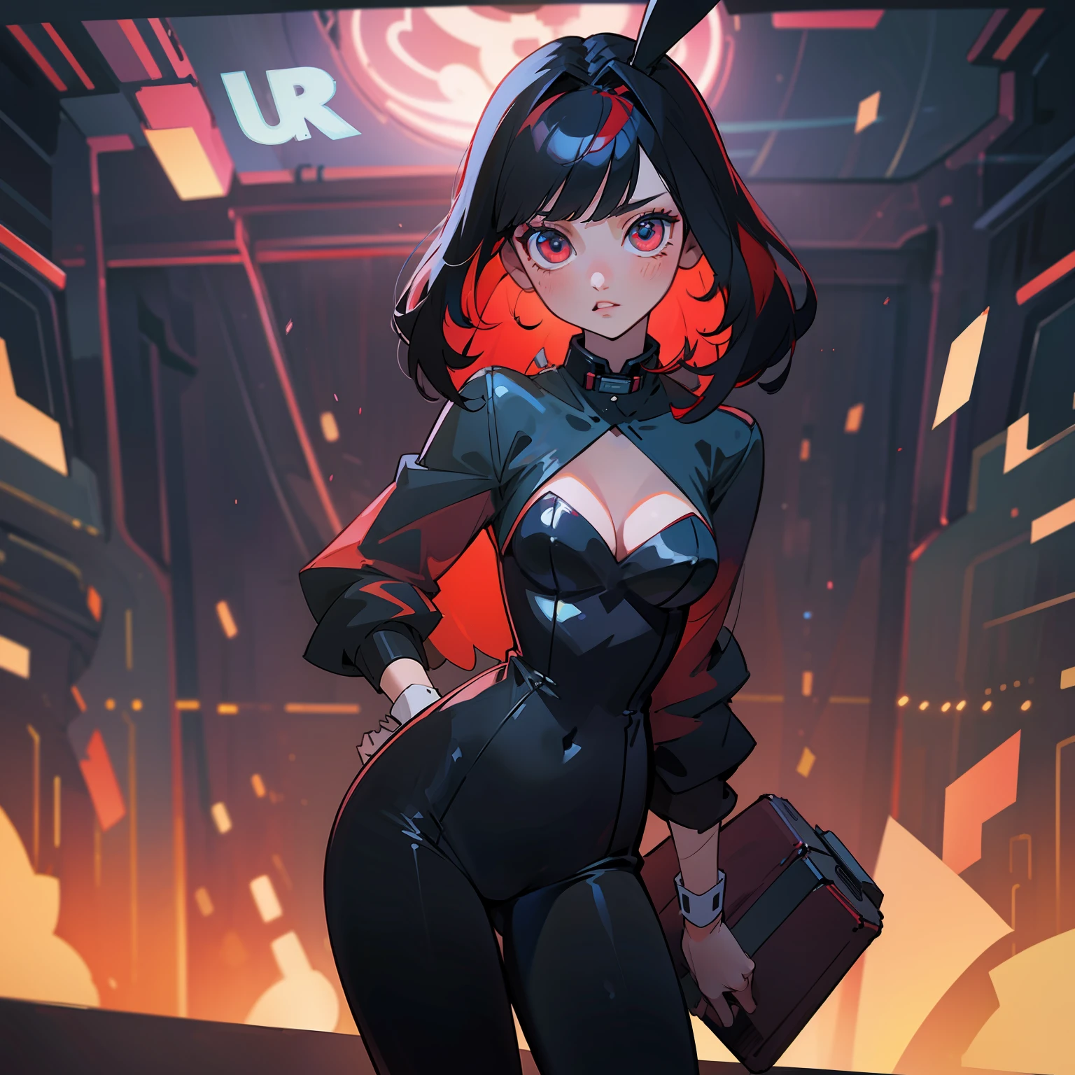 1 Girl, big red hair, black hair tips, bangs, eye hair, sexy anime bunny outfit, big chest, standing, background scenery, in a nightclub, colored lights, ambient detail, ultra detailed