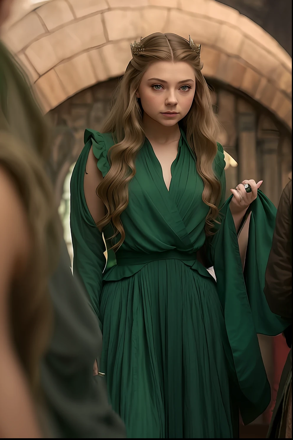 A princess in a green dress standing, vestindo vestes verde-escuras, Natalie Dormer, arte semi realista, 8k, Tyrell, game of thrones, cabelos castanhos, olhos verdes, jovem princesa feliz, bela mulher, arte