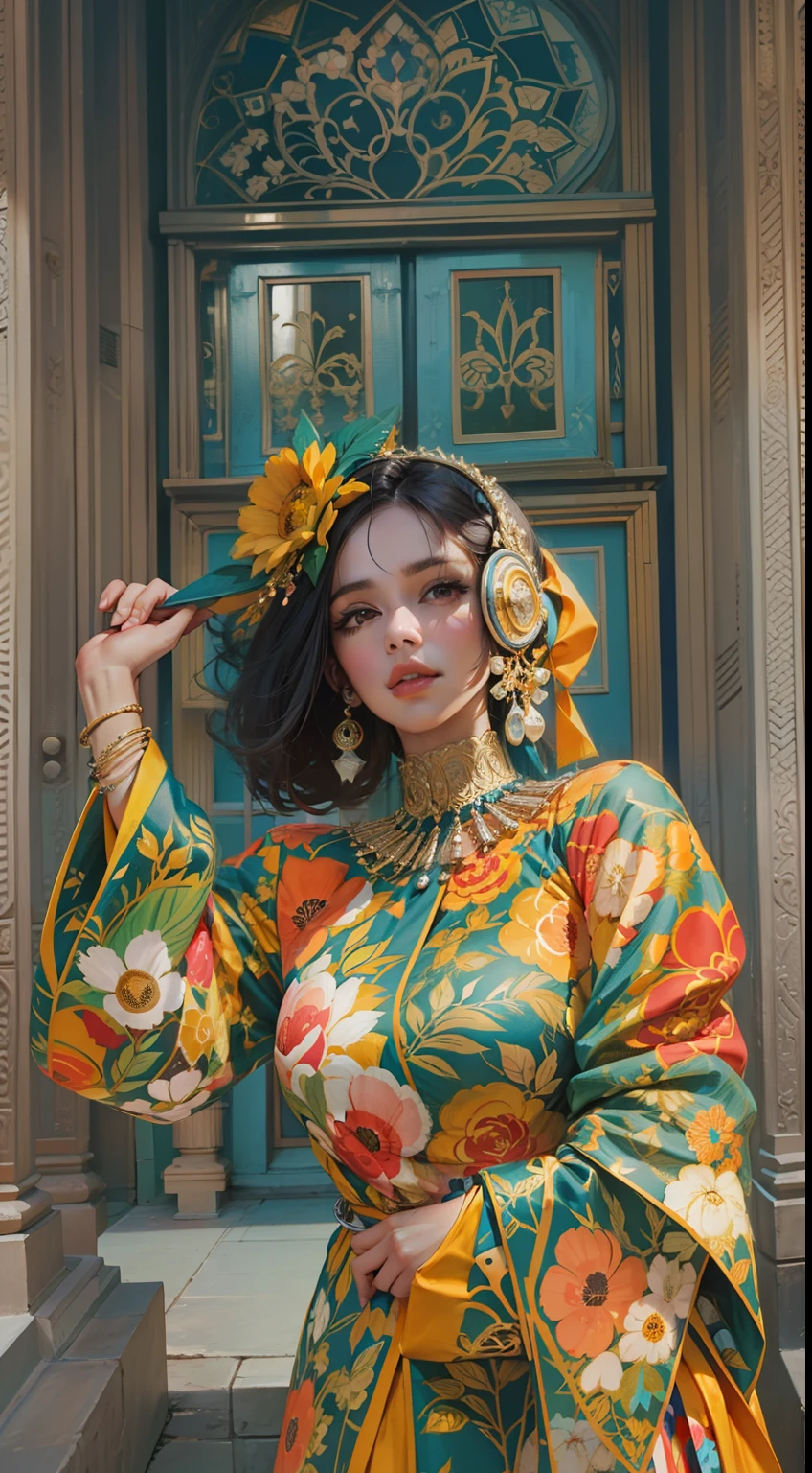 Beautiful woman in intricate Bold and Bright Florals Outfit