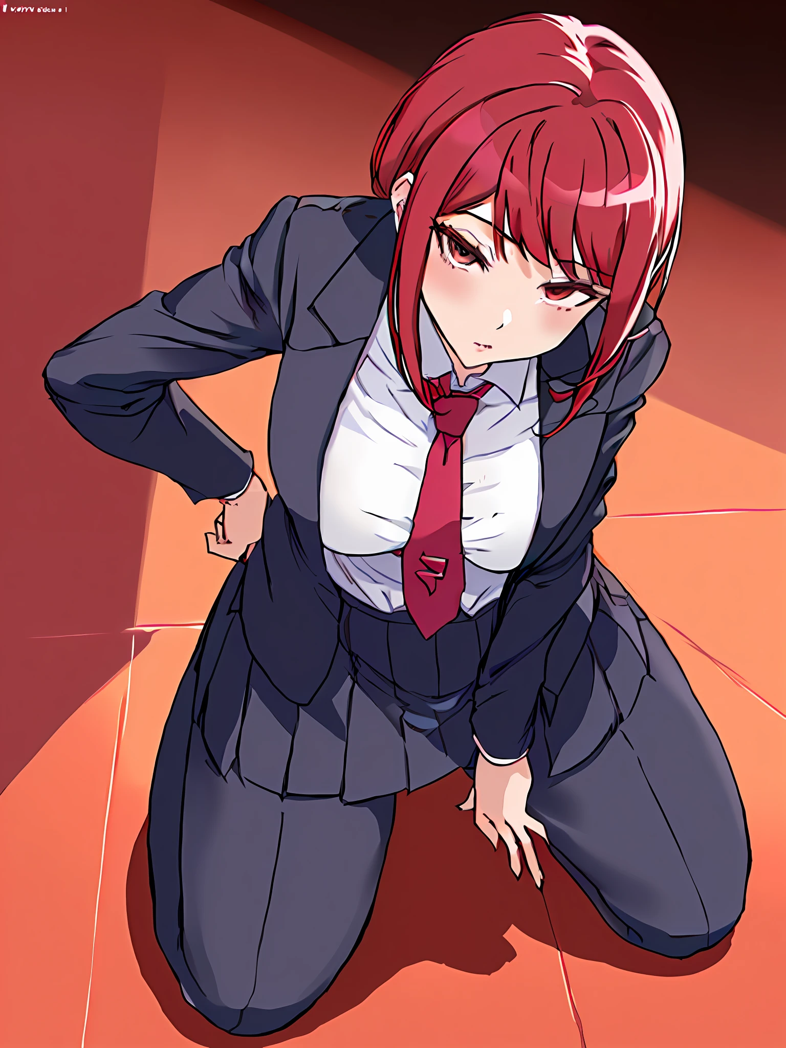 Anime girl with red hair and black pants kneeling on the ground, Marin Kitagawa fanart, gapmoe Yandere, Female protagonist 👀 :8, anya from spy x family, (sfv) safe to work, Yandere. Tall, anime moe art style, akane owari danganronpa, wearing a strict business suit, the anime girl is crouching