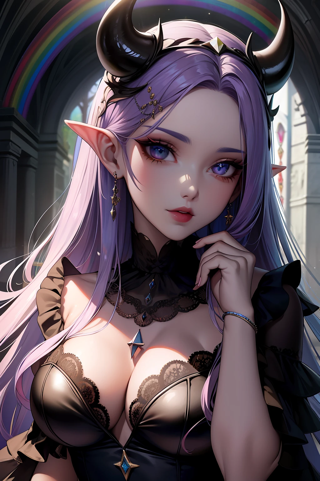 Melhor qualidade, obra-prima, ultra alta res, retrato surreal, surrealismo, sonho-como, Salix florescer em um vaso, criatura de fantasia, DiamonAI -imagine -((rainbow hair)),  master part, melhor qualidade, ((elfo)), cabelo longo, rainbow hair, large eyelashes, olhos ultra detalhados, detailed hands, dedos ultra detalhados, mulher adulta, seios grandes, elfo, quadril largo, olhos detalhados, detailed hands, dark ilumination, bruxa, de chapel grande, (chapel de bruxa), glitter, vestido longo de renda vermelho, Accessories, head ornament, succubus