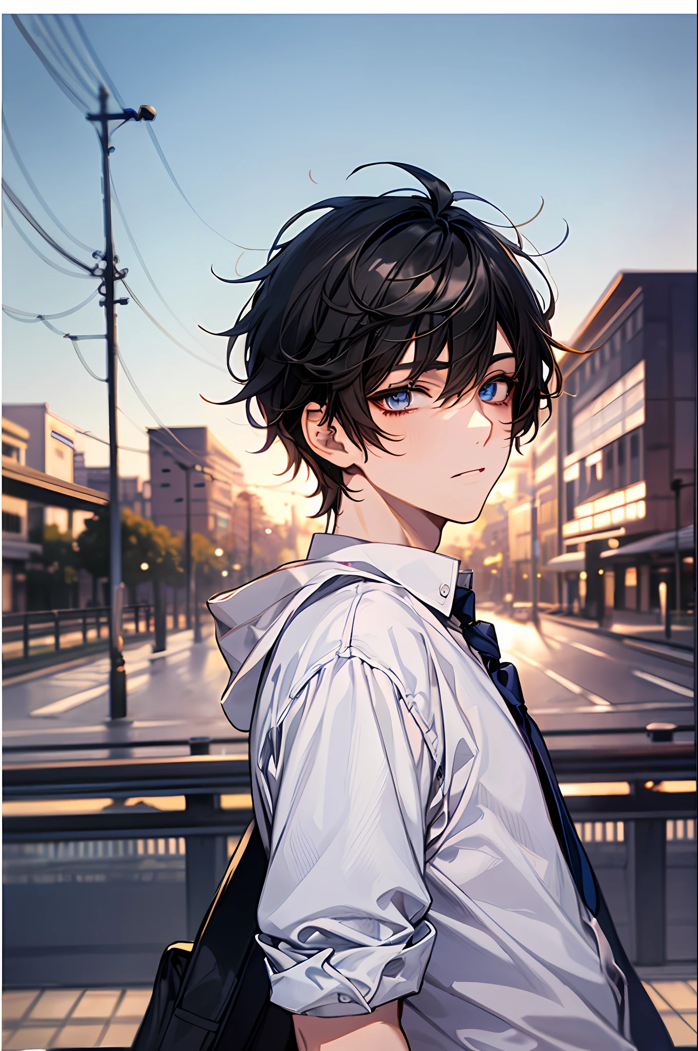 1boy,Face focus,shoun,Young men,with short black hair,high school senior,Simple school uniform,white shirt,tiese,trouser,the sky background,beautidful eyes,best qualtiy,detail in face,school ground,Playground guardrails,Background of details,Diffused sunlight,depth of fields,Background bokeh,(tmasterpiece,best qualtiy)