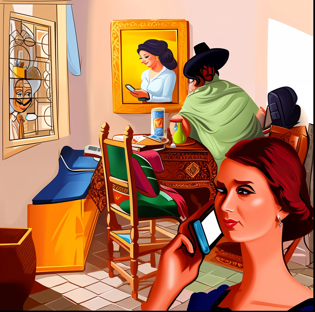 painting of a woman, talking on a cell phone in a room, cartoon style, caricature, caricature humor