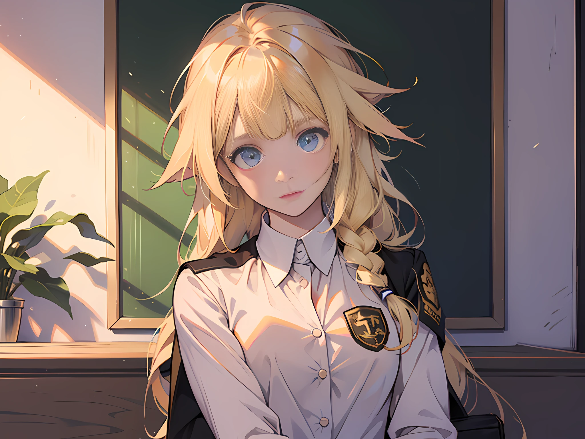 A long-blonde female student in a school uniform answers a teacher's question