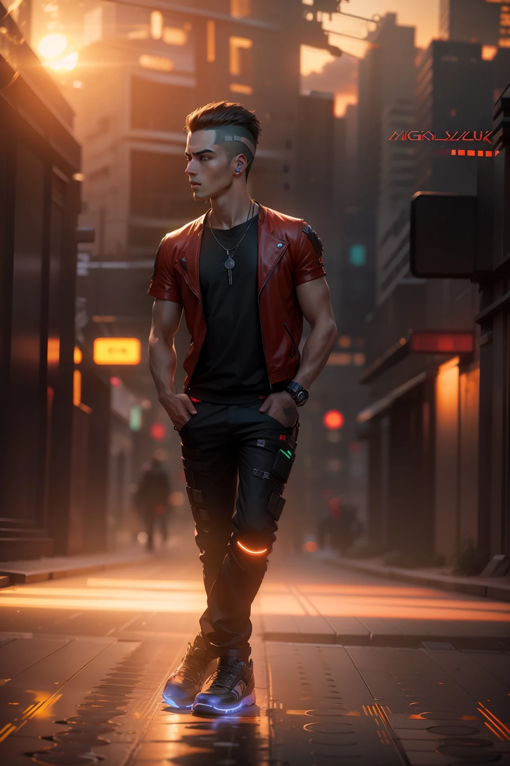 Change background cyberpunk sun sets, handsome boy, realistic face, 8k, ultra realistic