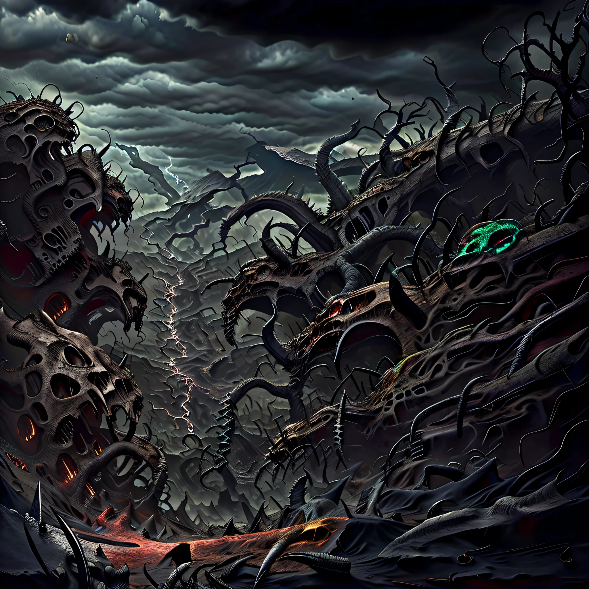 Catastrophic cataclysm taking souls, Valley of madness in background. Thorns, chaos, devastation, dramatic cloudy sky. Horror art, UHD, unreal engine, sketch color drawing.