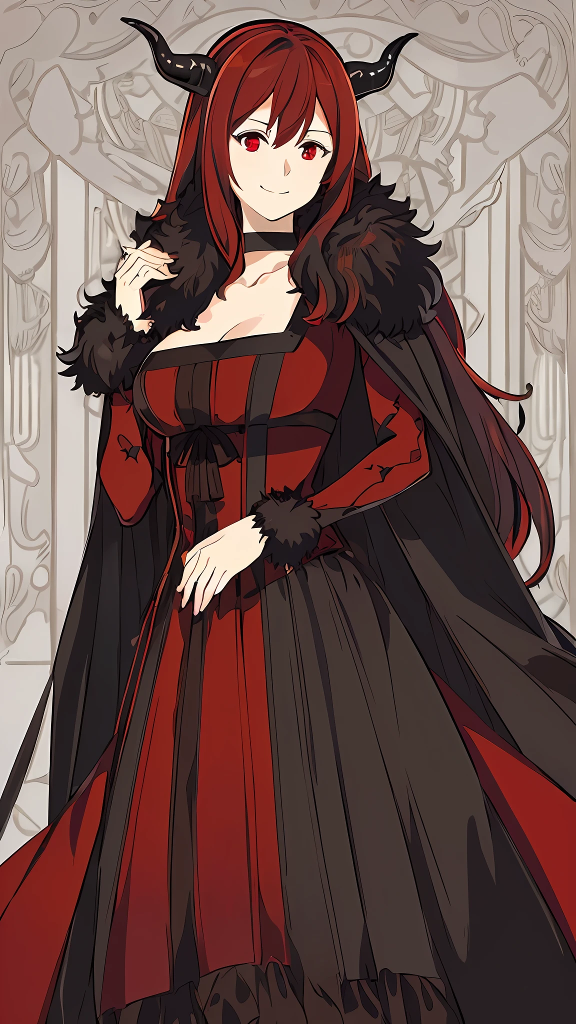 1girl, maoyu, horns, choker, fur trim, black cape, long red dress, floating_hair, glowing eyes, red eyes, ruby eyes, solo, looking at viewer, smile, fantasy background, (((masterpiece))), (((bestquality))), ((ultra-detailed)), (illustration), ((extremely delicate and beautiful)), dynamic angle, floating, (beautifuldetailedeyes), (detailedlight),