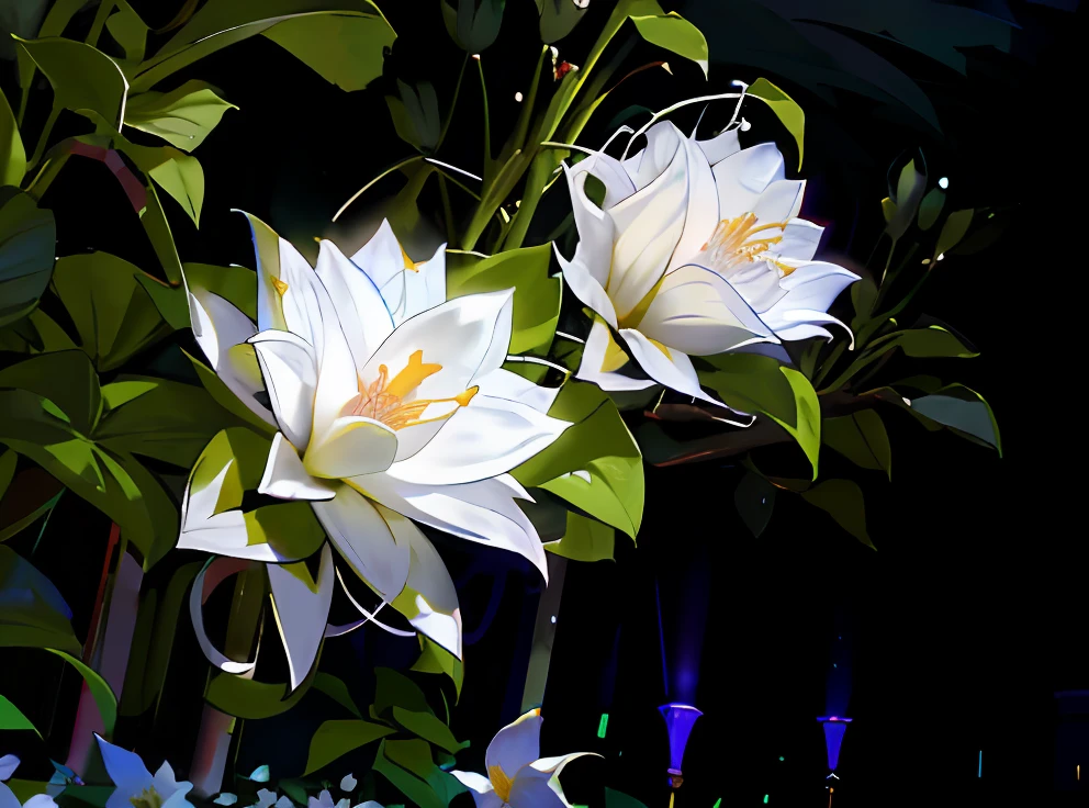 White flowers bloom on plants, large exotic flowers, flowers with very long petals, Huge flowers,,Beautiful ephemeral,The beauty is stunning, beautifully lit, White flowers, , At night, stunningly beautiful,Movie lighting,exquisitedetails